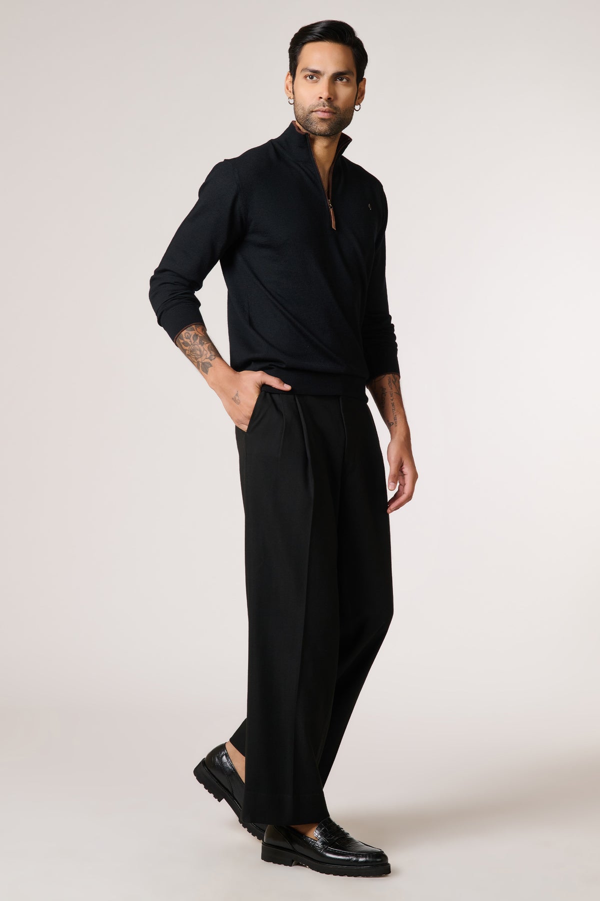 Black Marino Wool Raised Neck Jumper