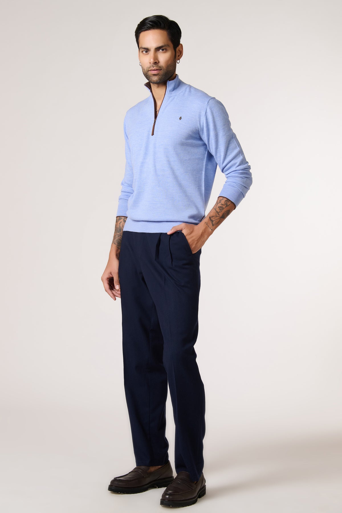 Light Blue Marino Wool Raised Neck Jumper