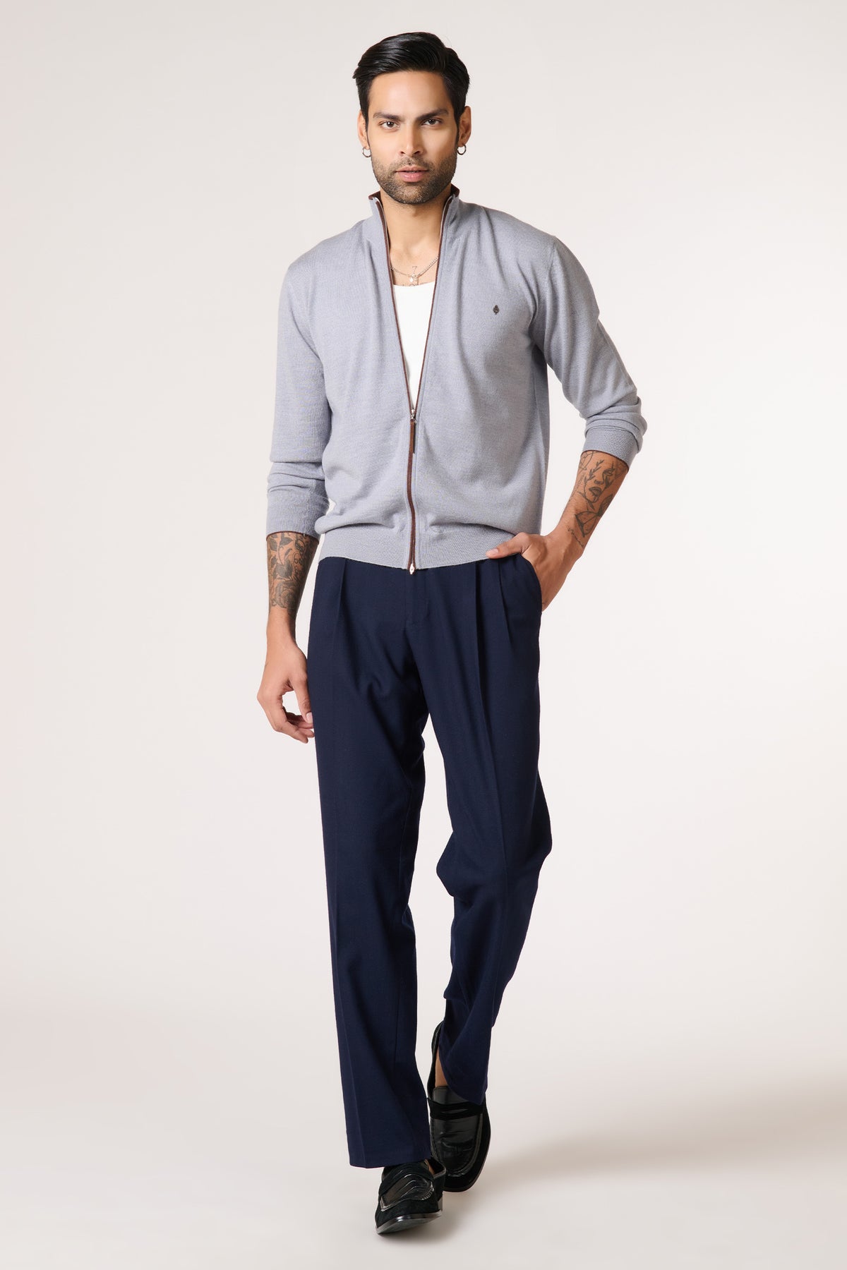 Grey Marino Wool Raised Neck Cardigan
