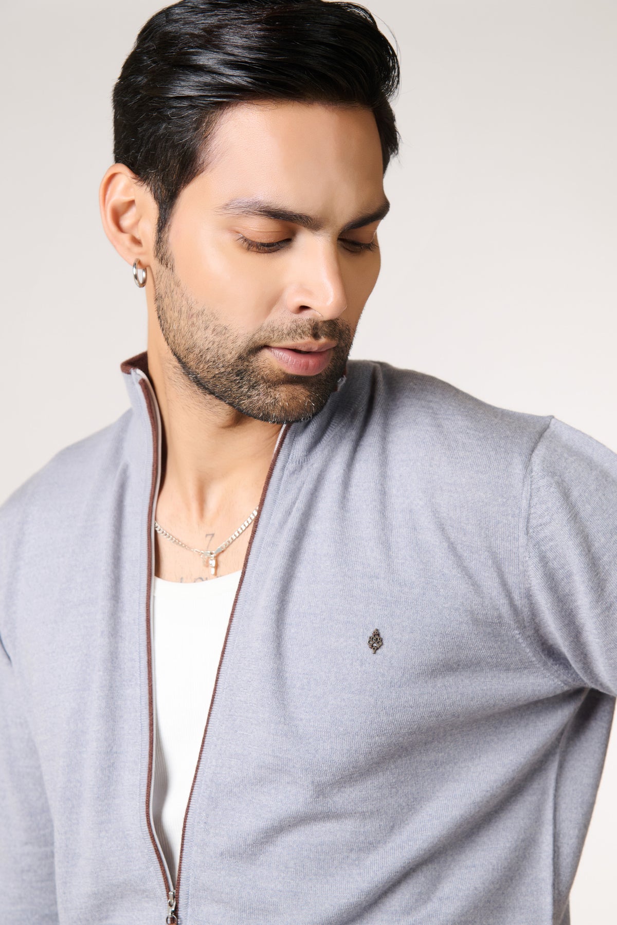 Grey Marino Wool Raised Neck Cardigan