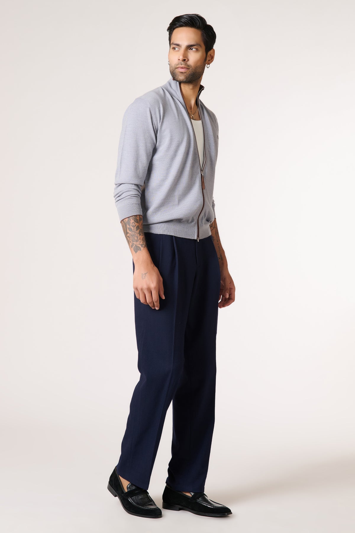 Grey Marino Wool Raised Neck Cardigan