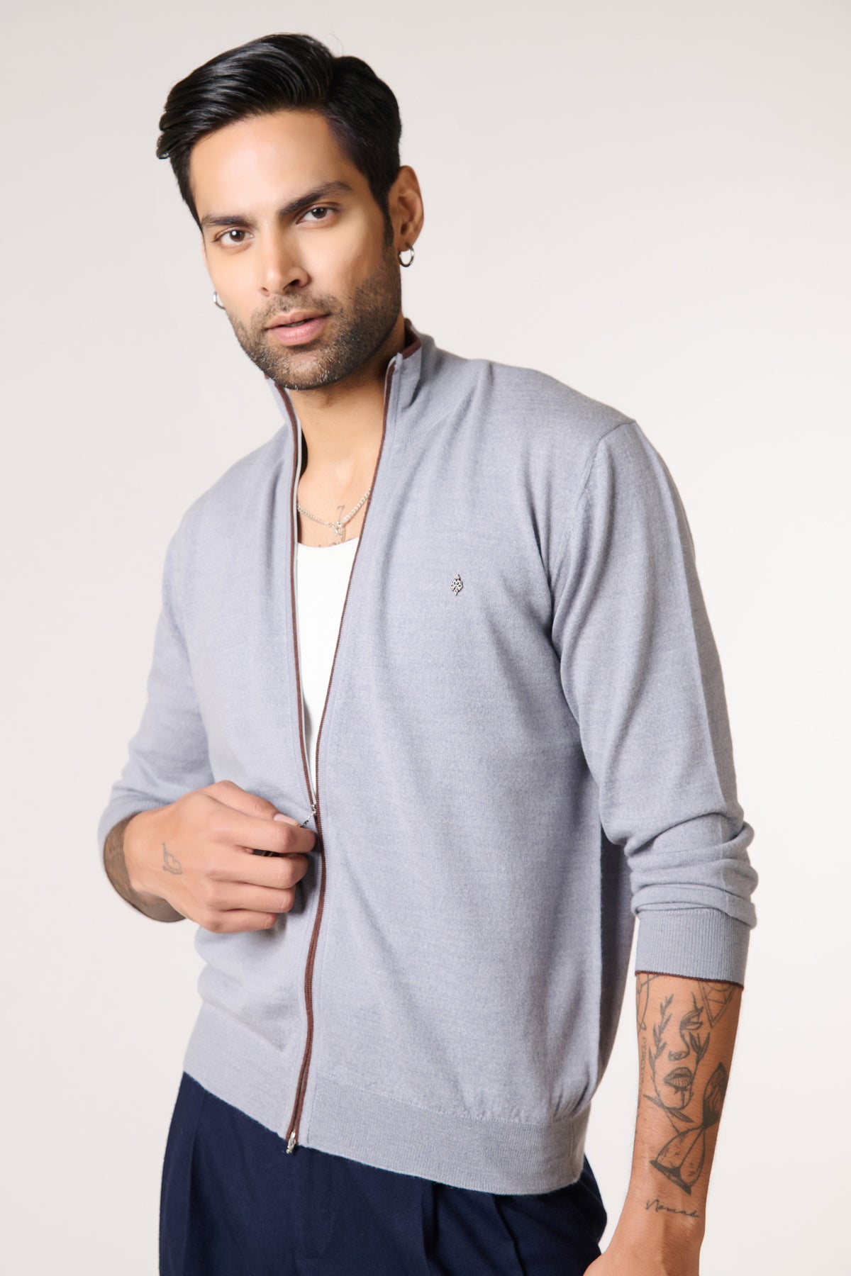 Grey Marino Wool Raised Neck Cardigan