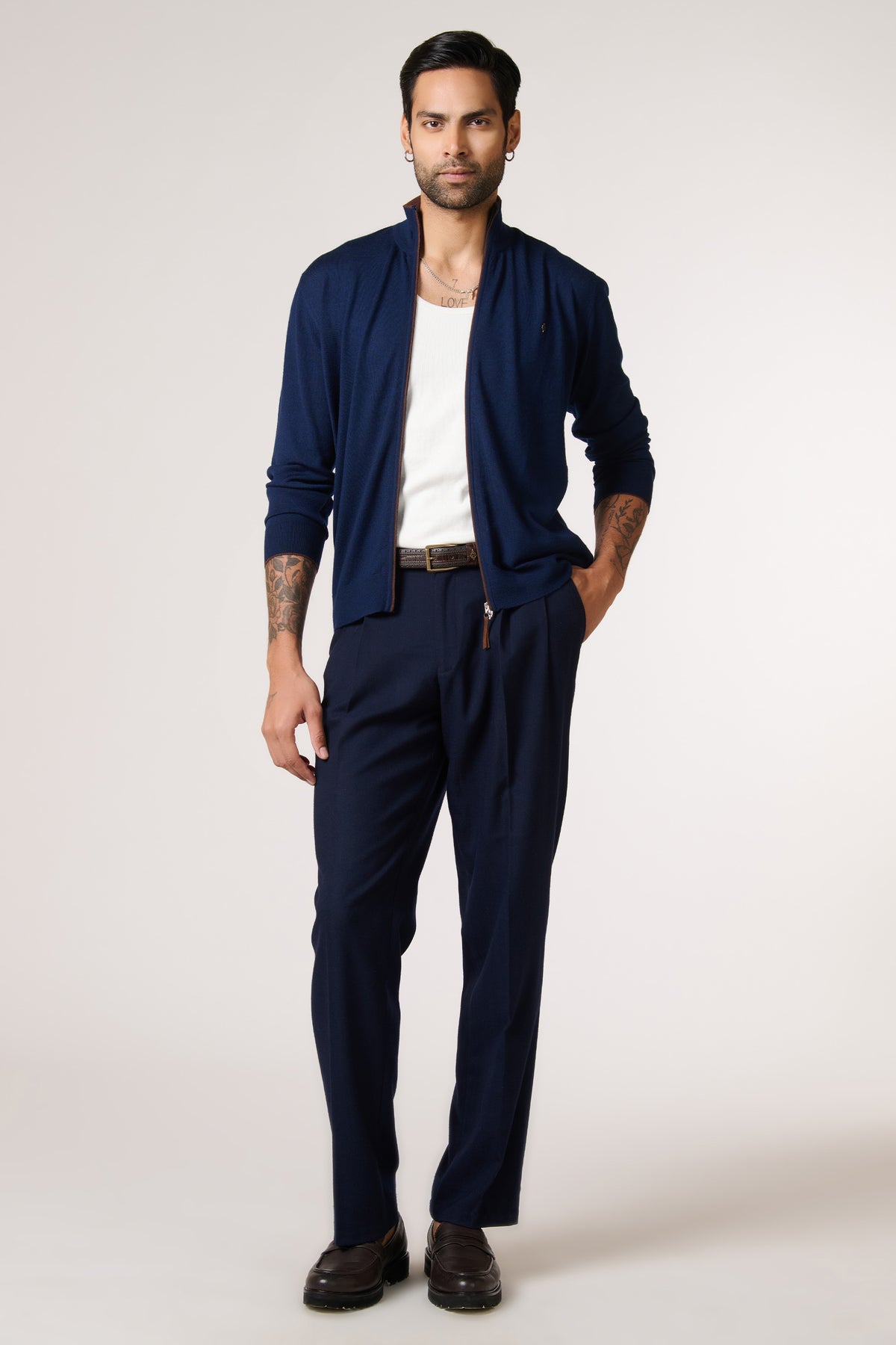 Navy Marino Wool Raised Neck Cardigan