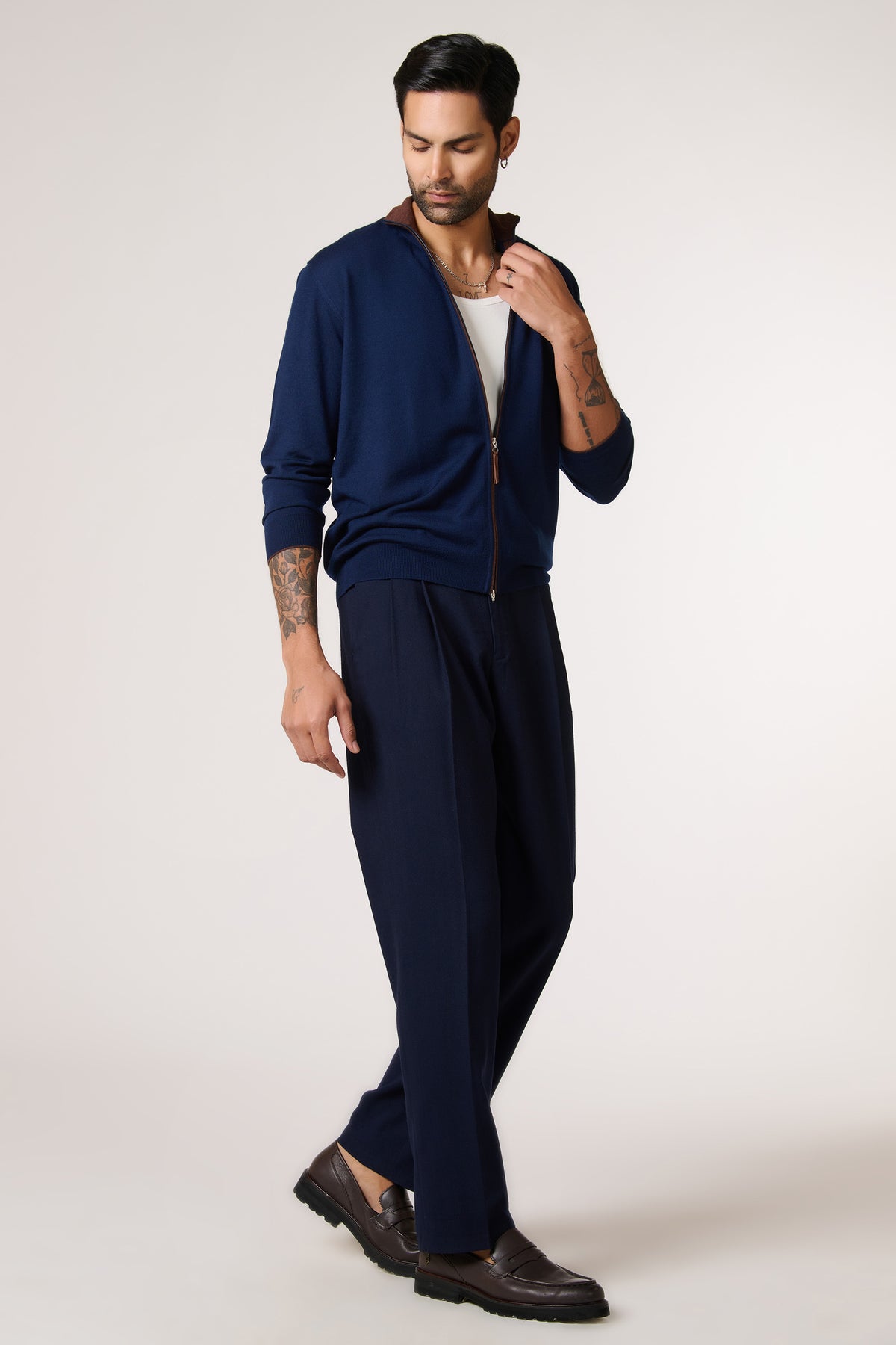 Navy Marino Wool Raised Neck Cardigan