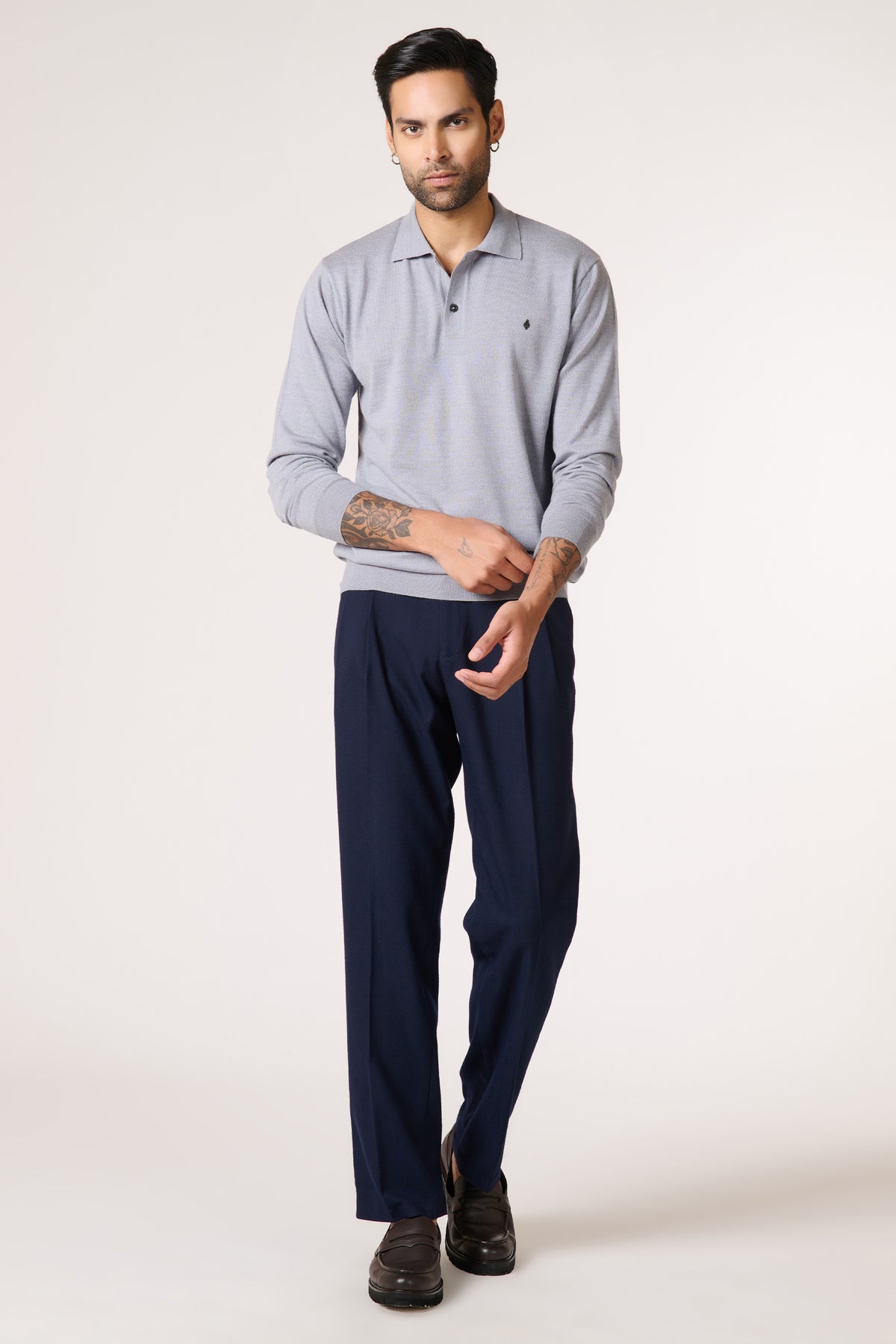 Grey Merino Wool Polo Neck Pullover