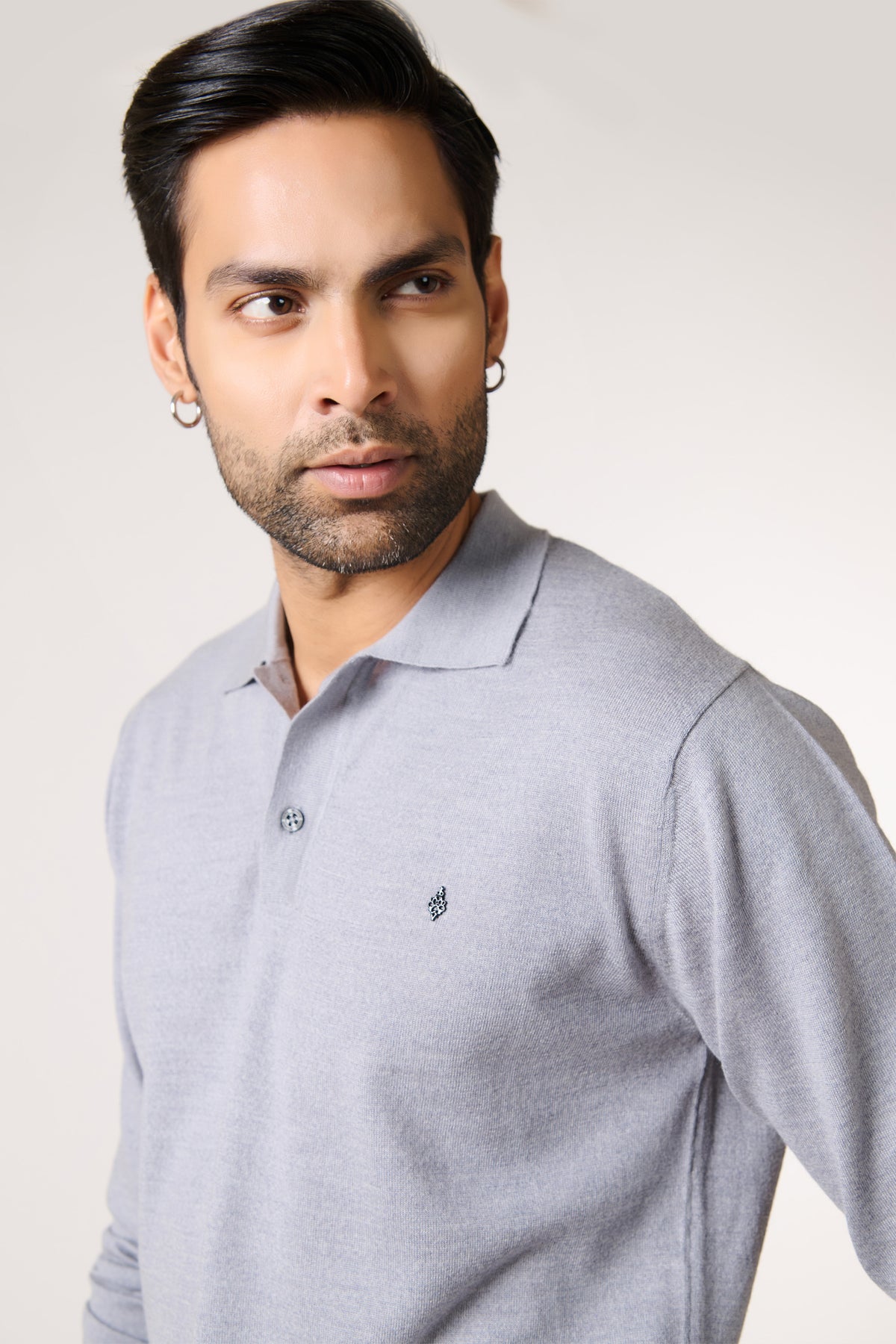 Grey Merino Wool Polo Neck Pullover