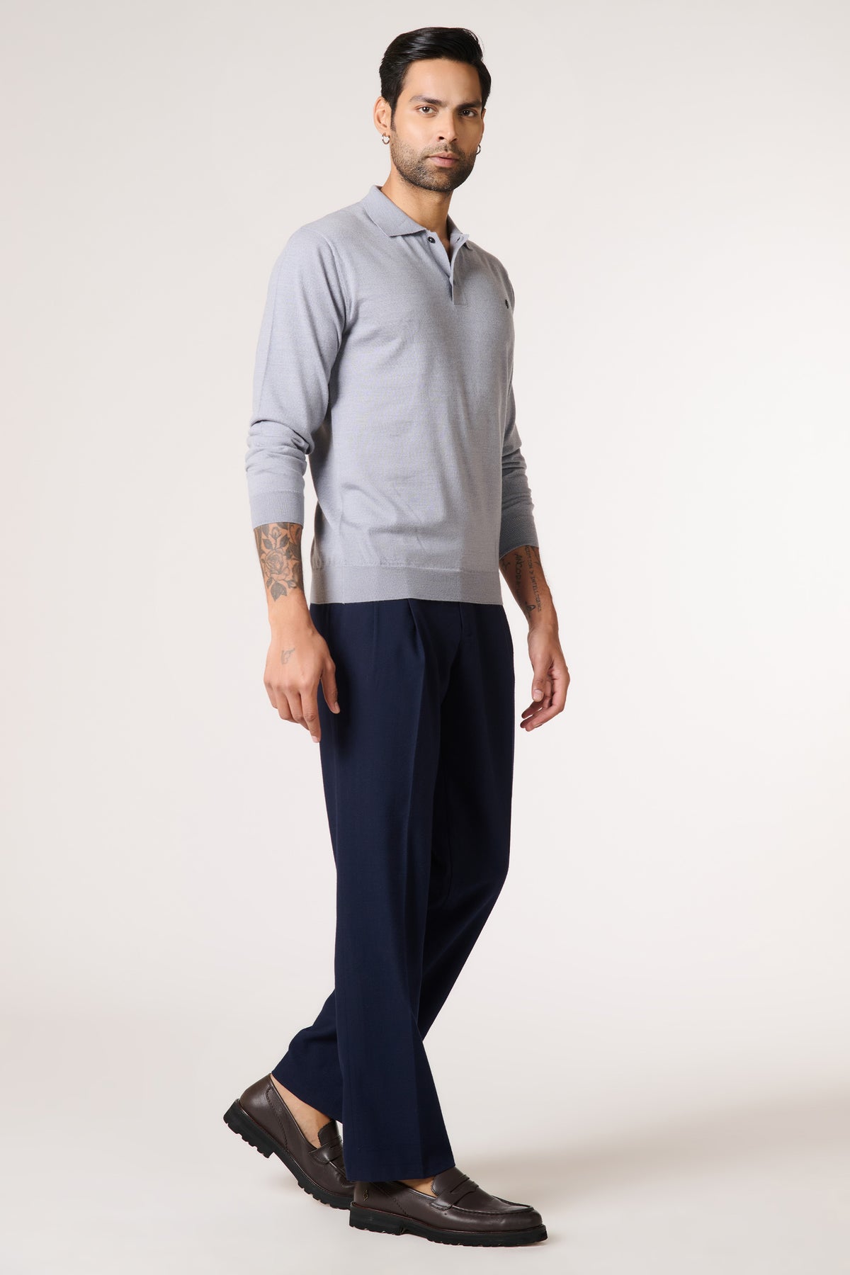 Grey Merino Wool Polo Neck Pullover