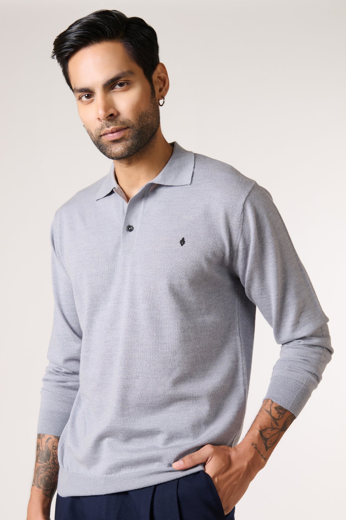 Grey Merino Wool Polo Neck Pullover