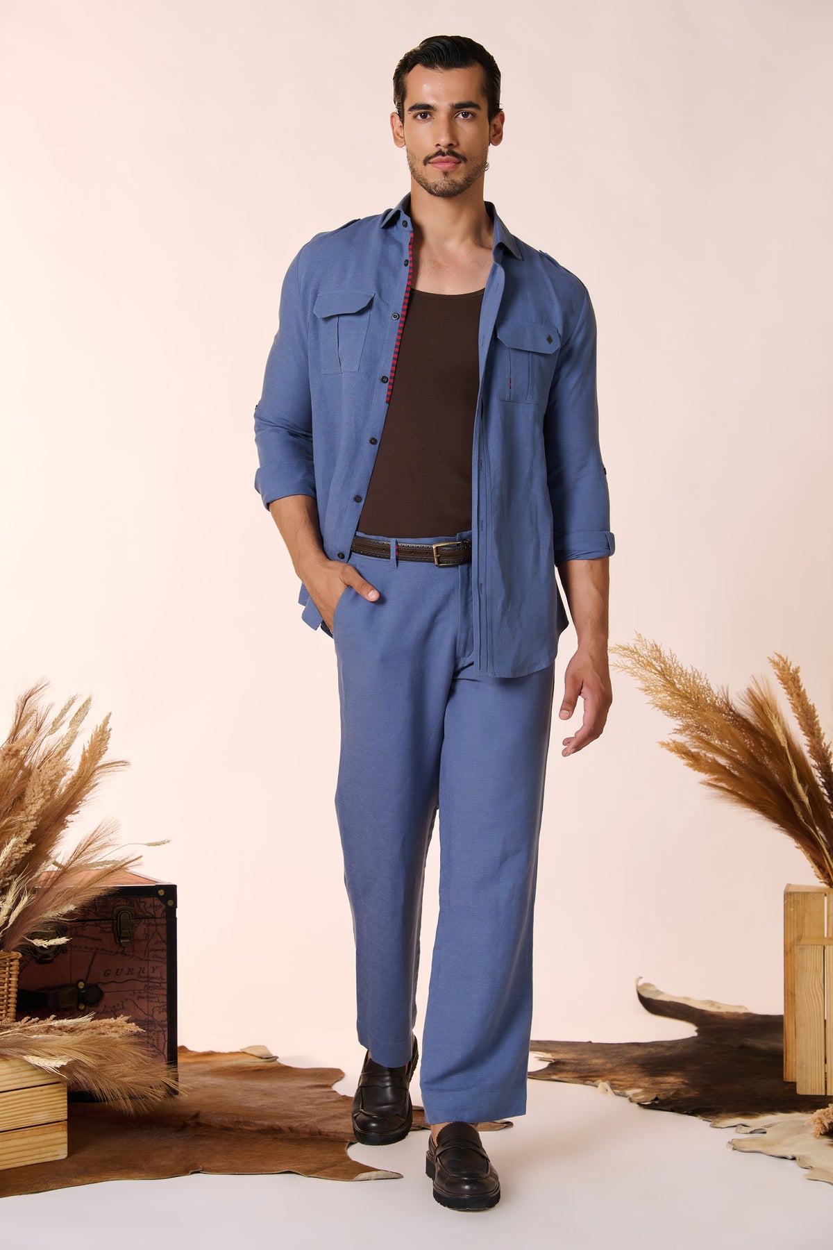 Navy Linen Cargo Trousers