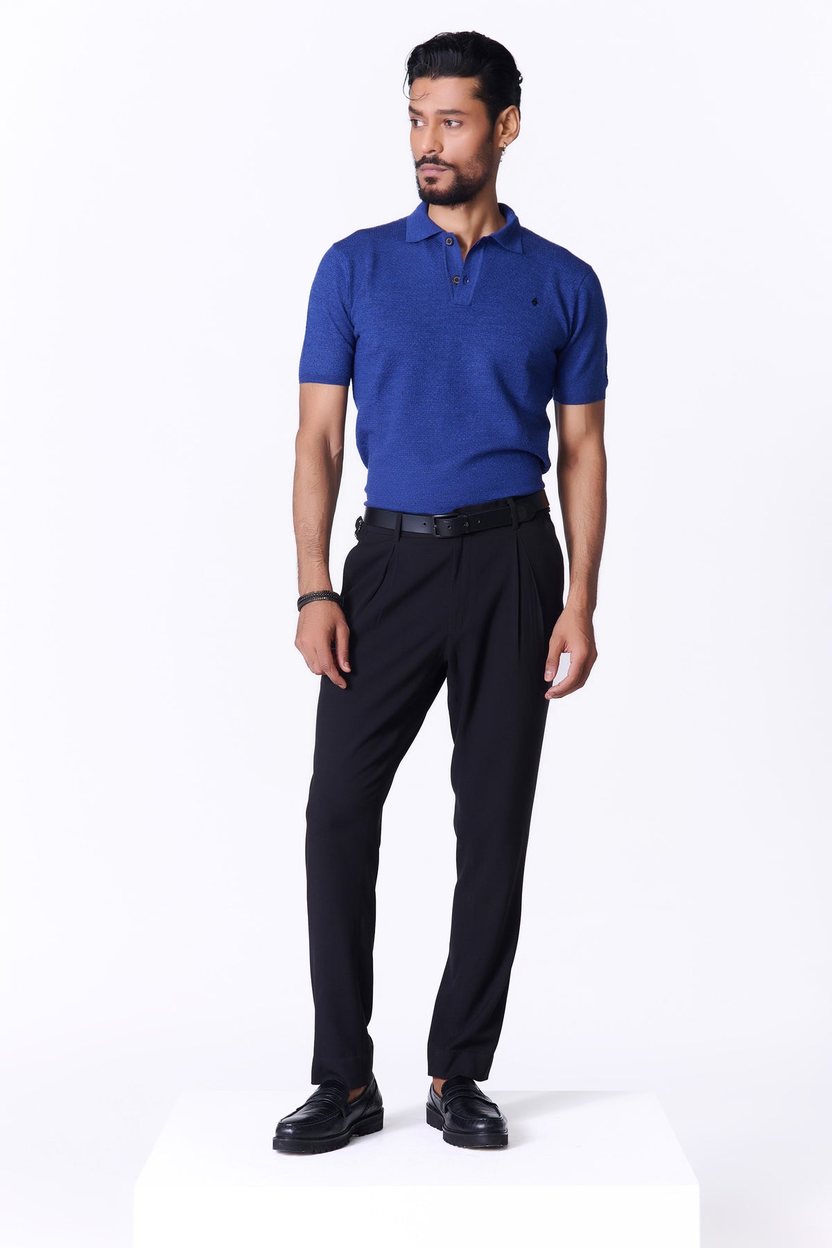 Navy Merino Wool Polo Pullover