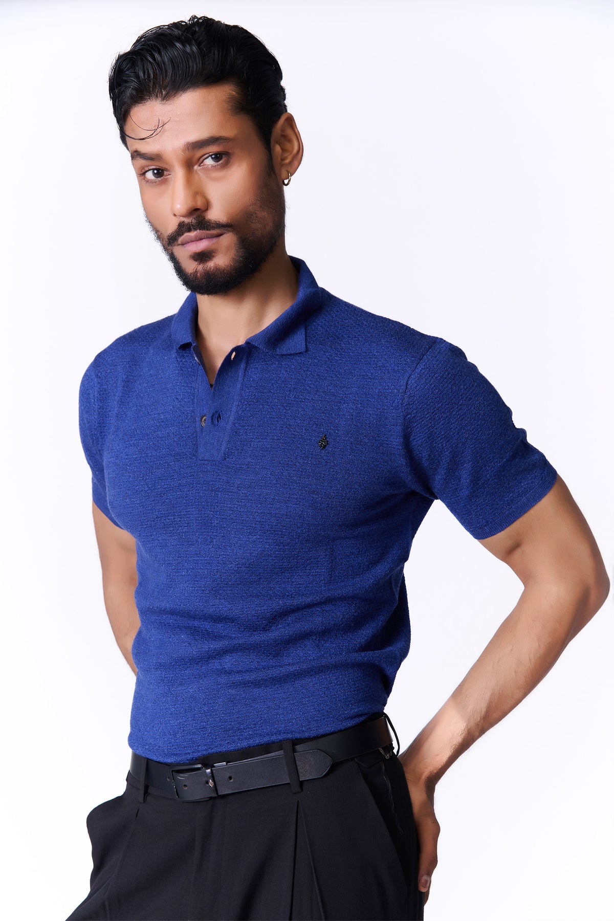 Navy Merino Wool Polo Pullover