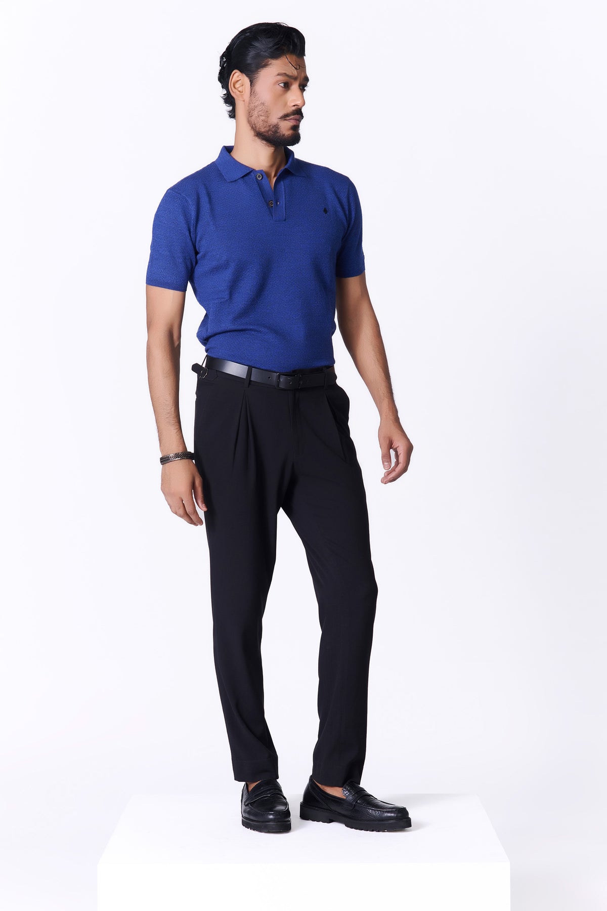 Navy Merino Wool Polo Pullover