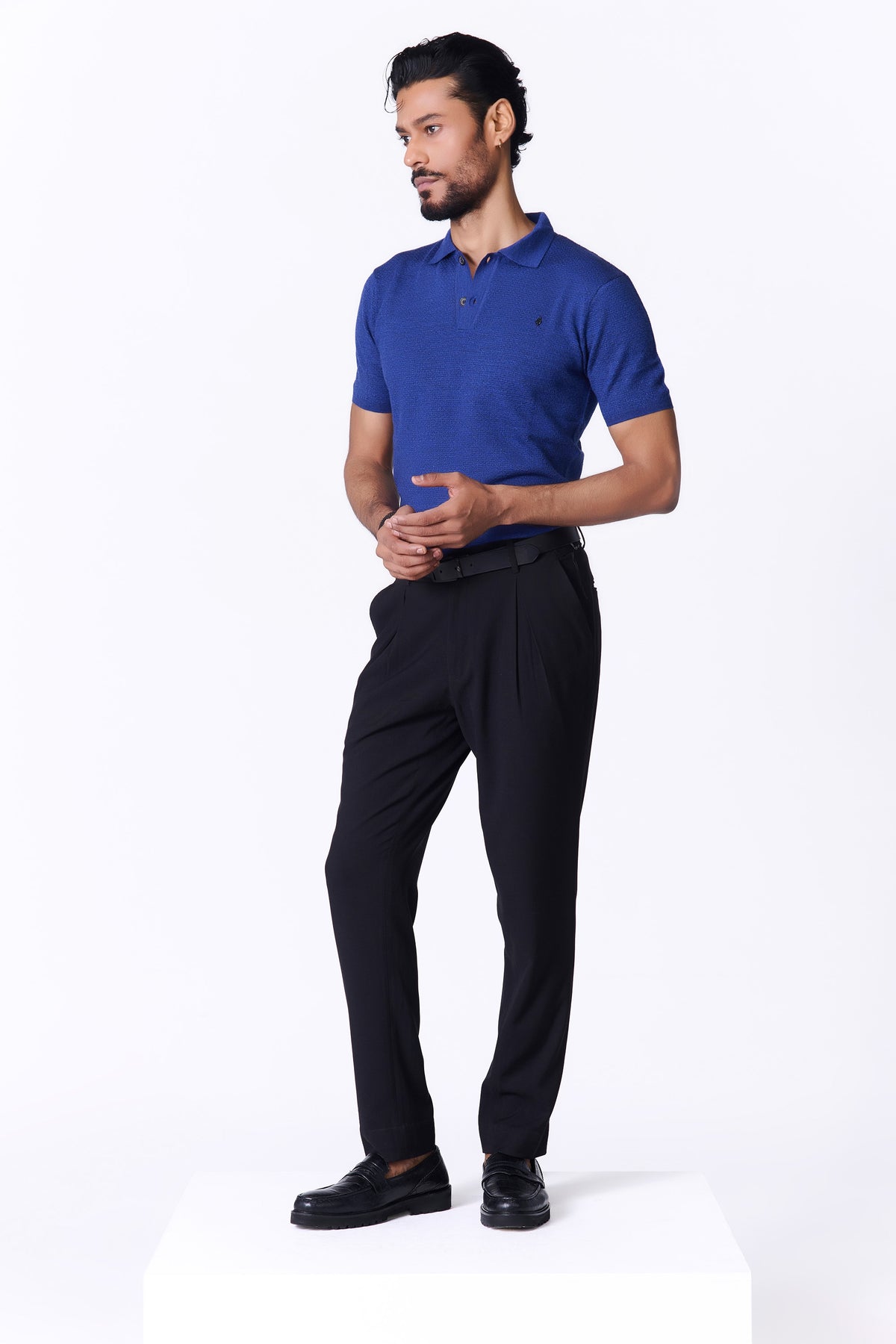 Navy Merino Wool Polo Pullover