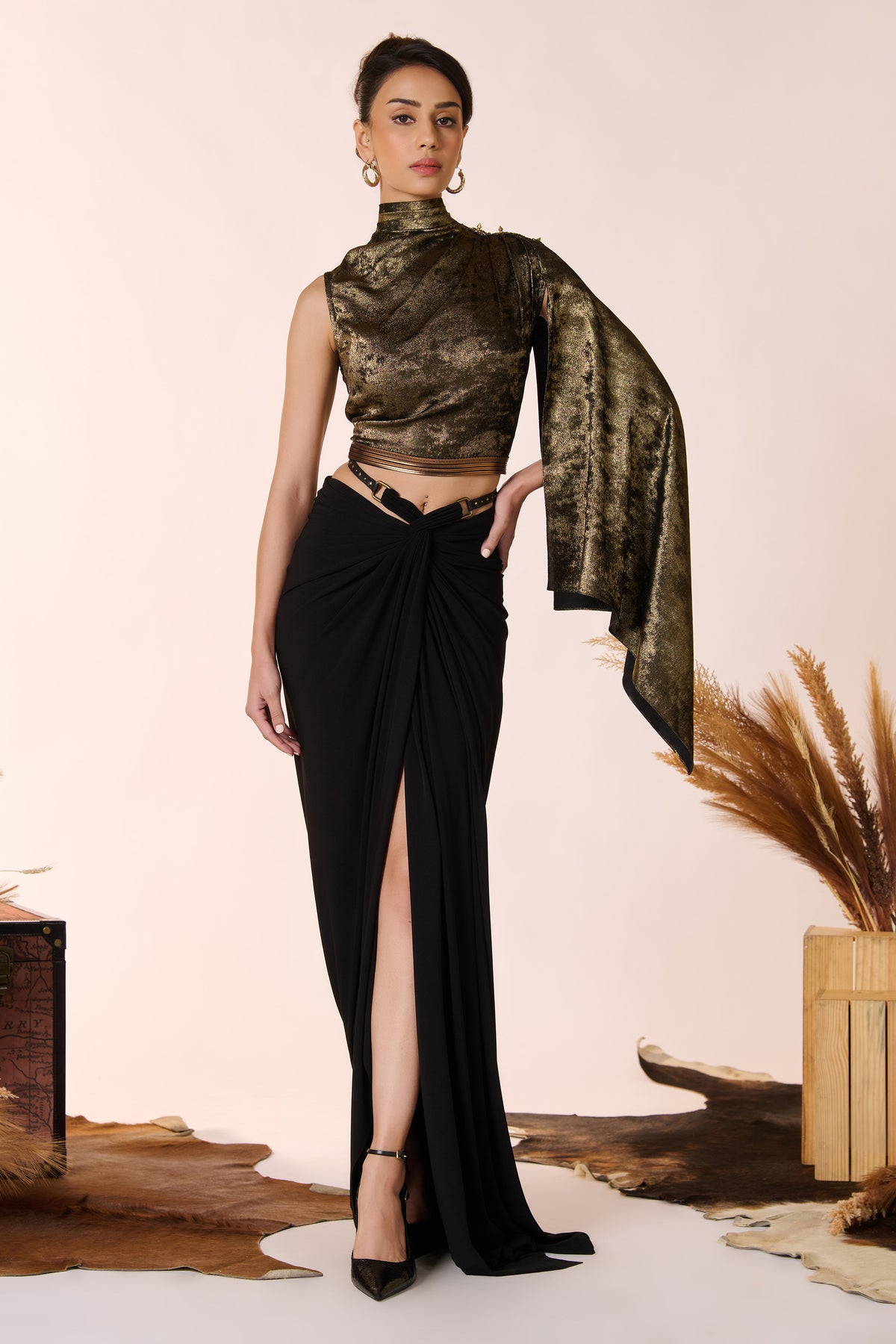 Draped Sleeve Gold Foil Crop Top