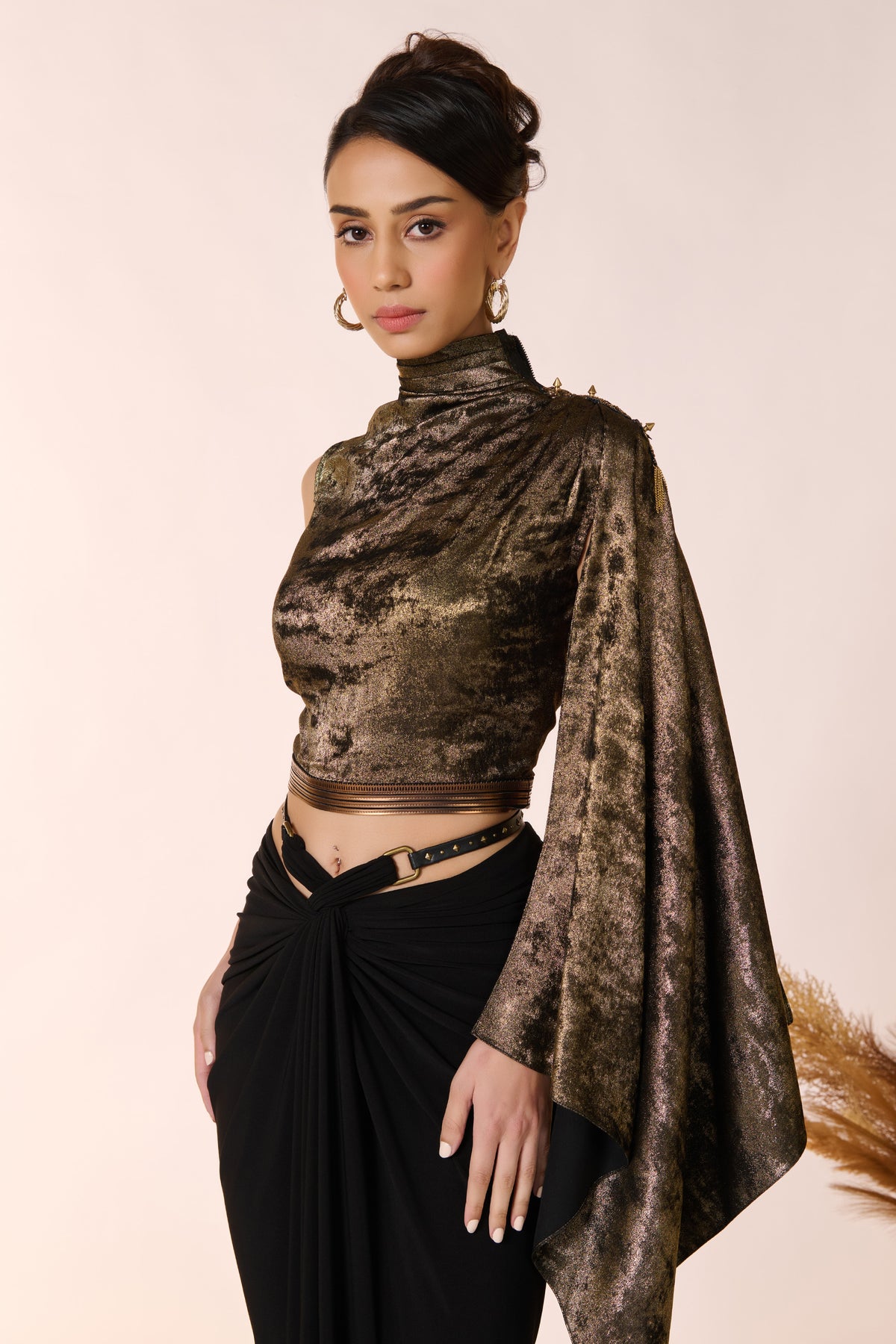 Draped Sleeve Gold Foil Crop Top