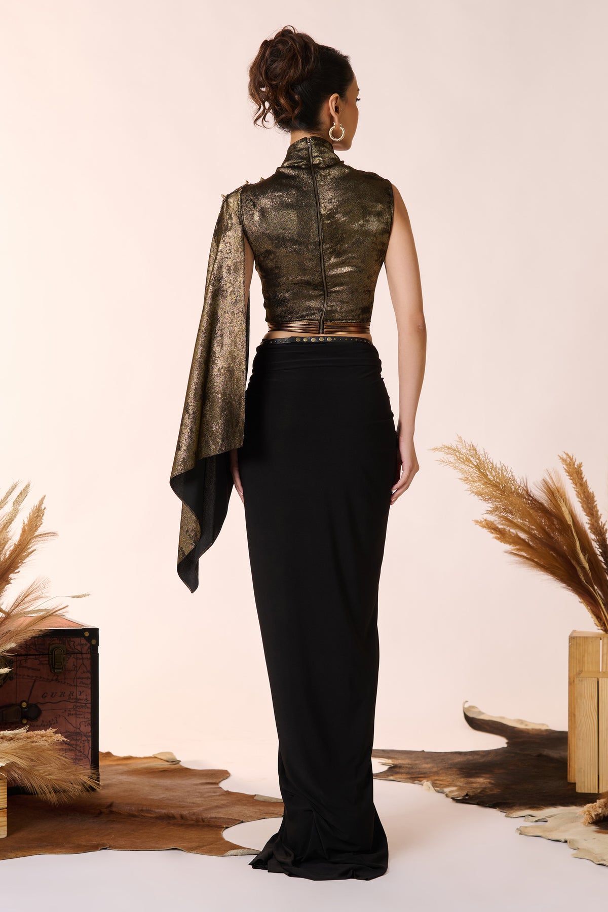 Draped Sleeve Gold Foil Crop Top