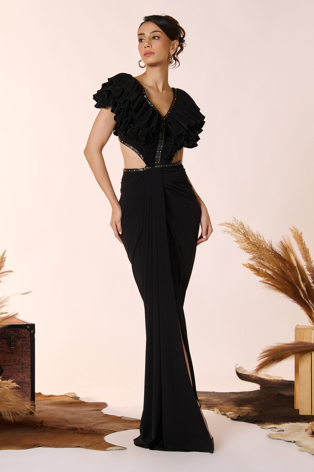 Black Flounced Gown with Slit