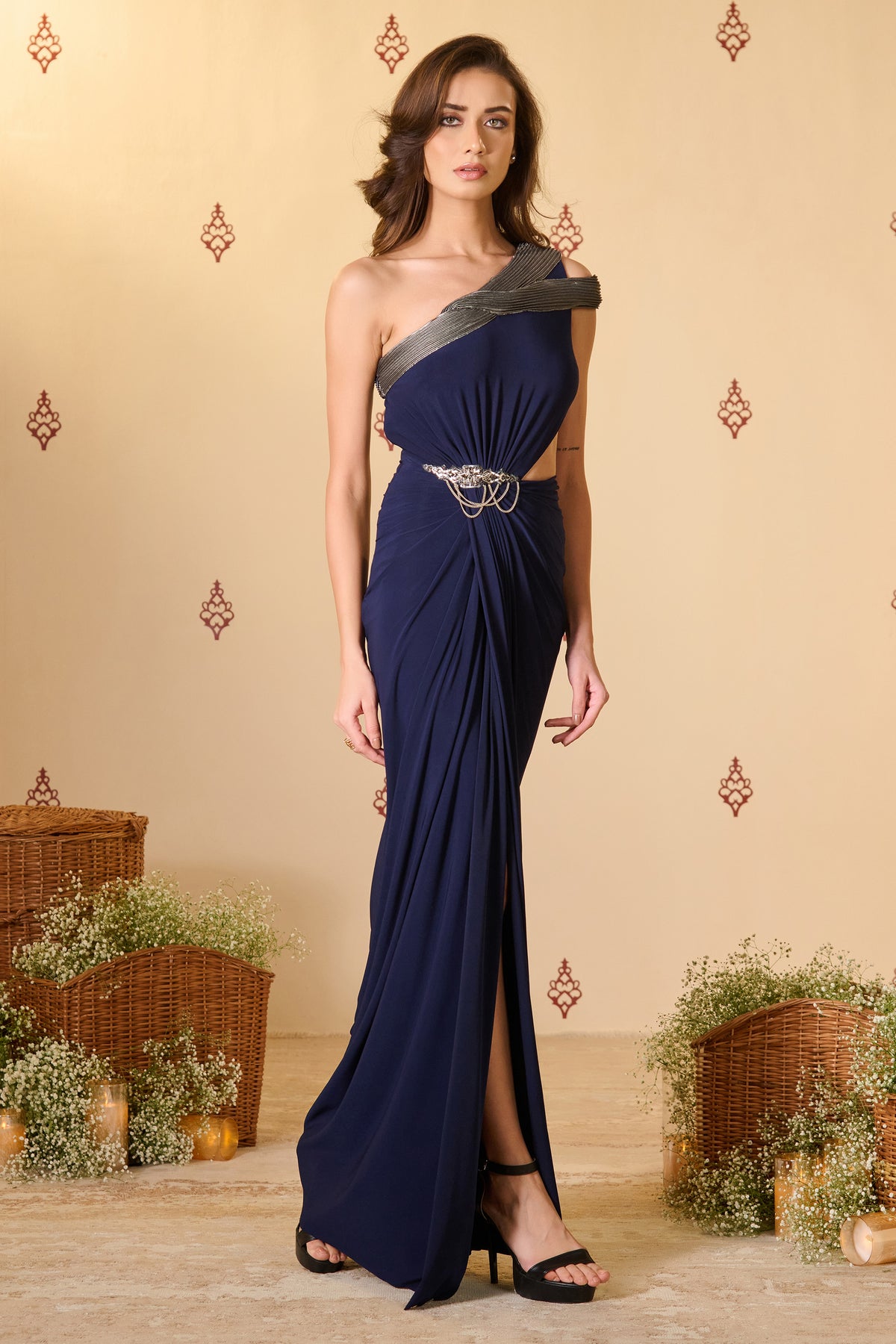 Navy Twisted Draped Saree Gown