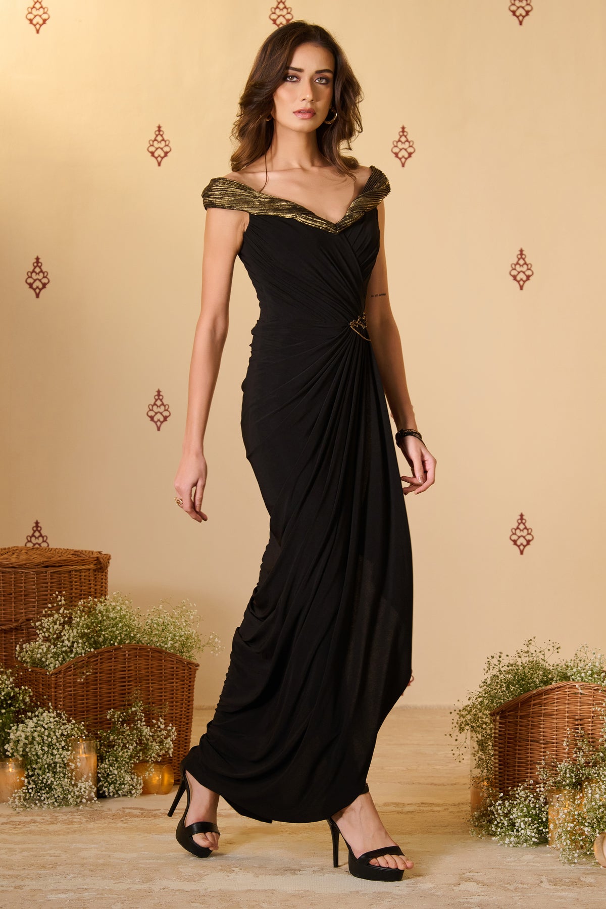 Black Twisted Draped Saree Gown