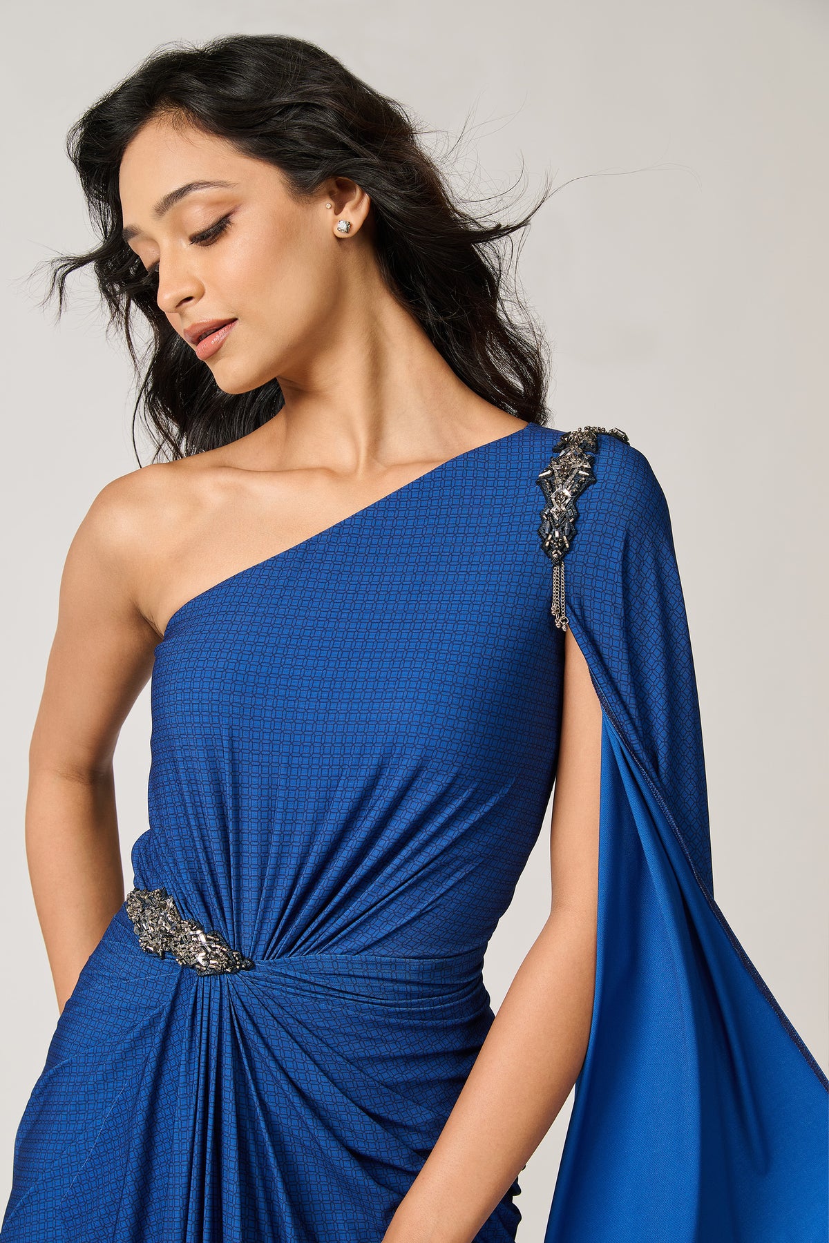 Royal Blue One Shoulder Draped Saree Gown