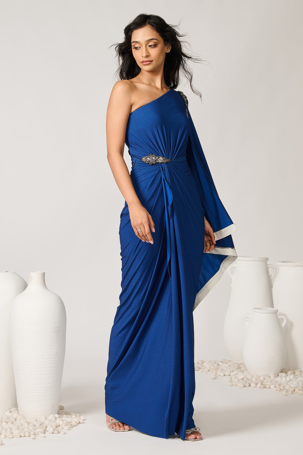 Royal Blue One Shoulder Draped Saree Gown