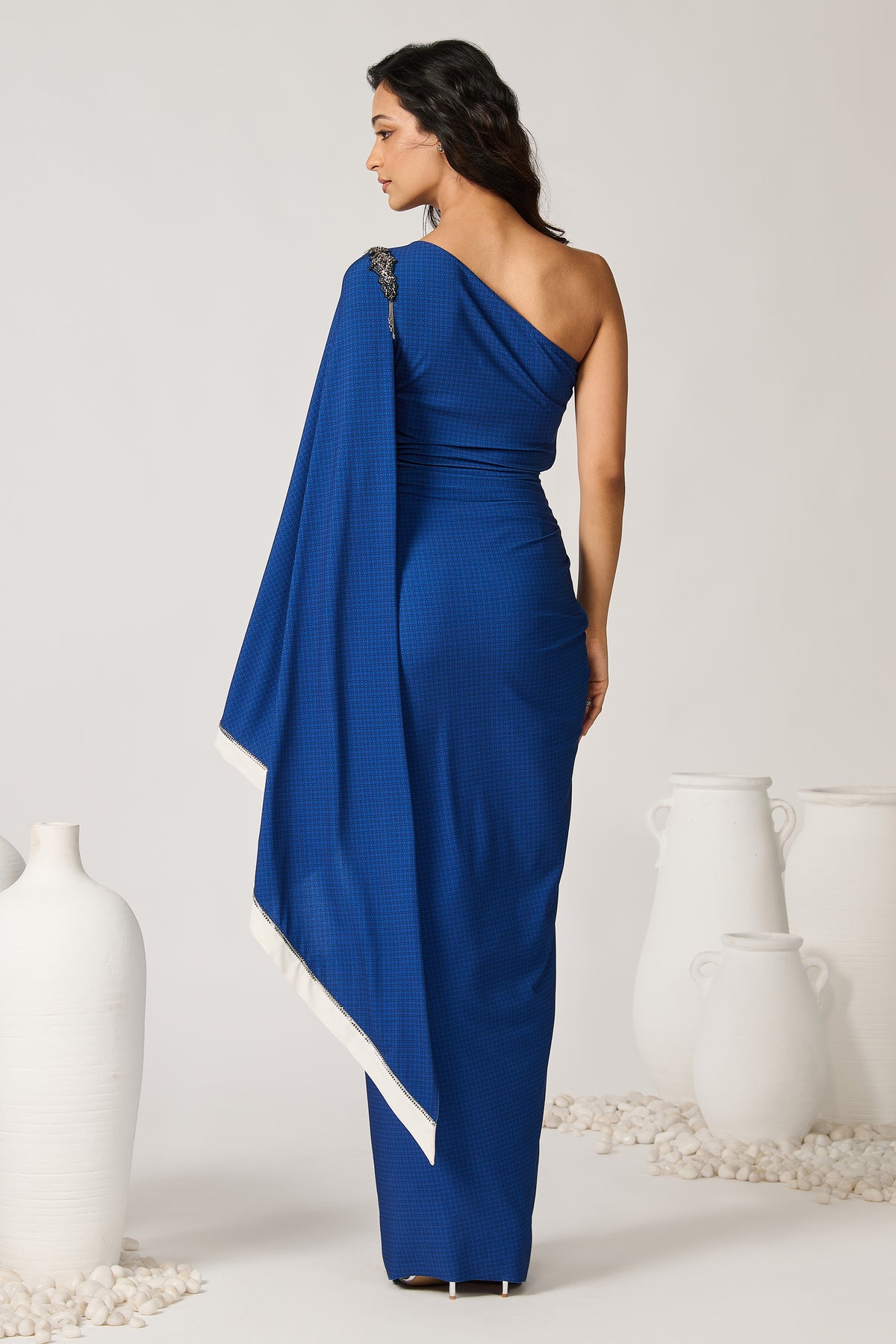 Royal Blue One Shoulder Draped Saree Gown