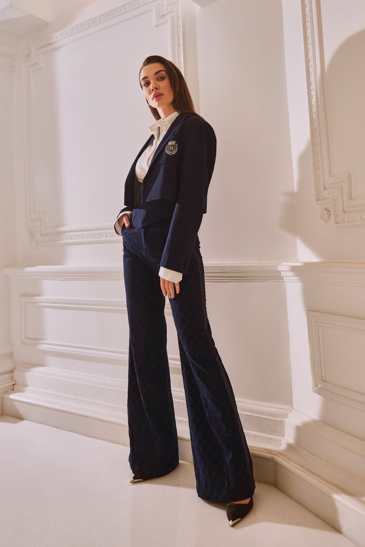 Amy Jackson in SNCC Navy Adamas Embroidered Trousers