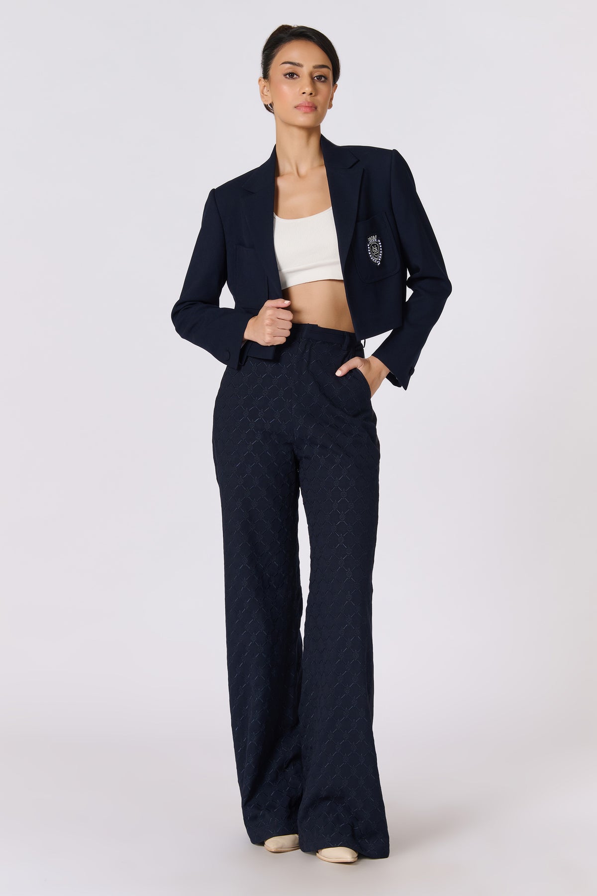 Amy Jackson in SNCC Navy Adamas Embroidered Trousers