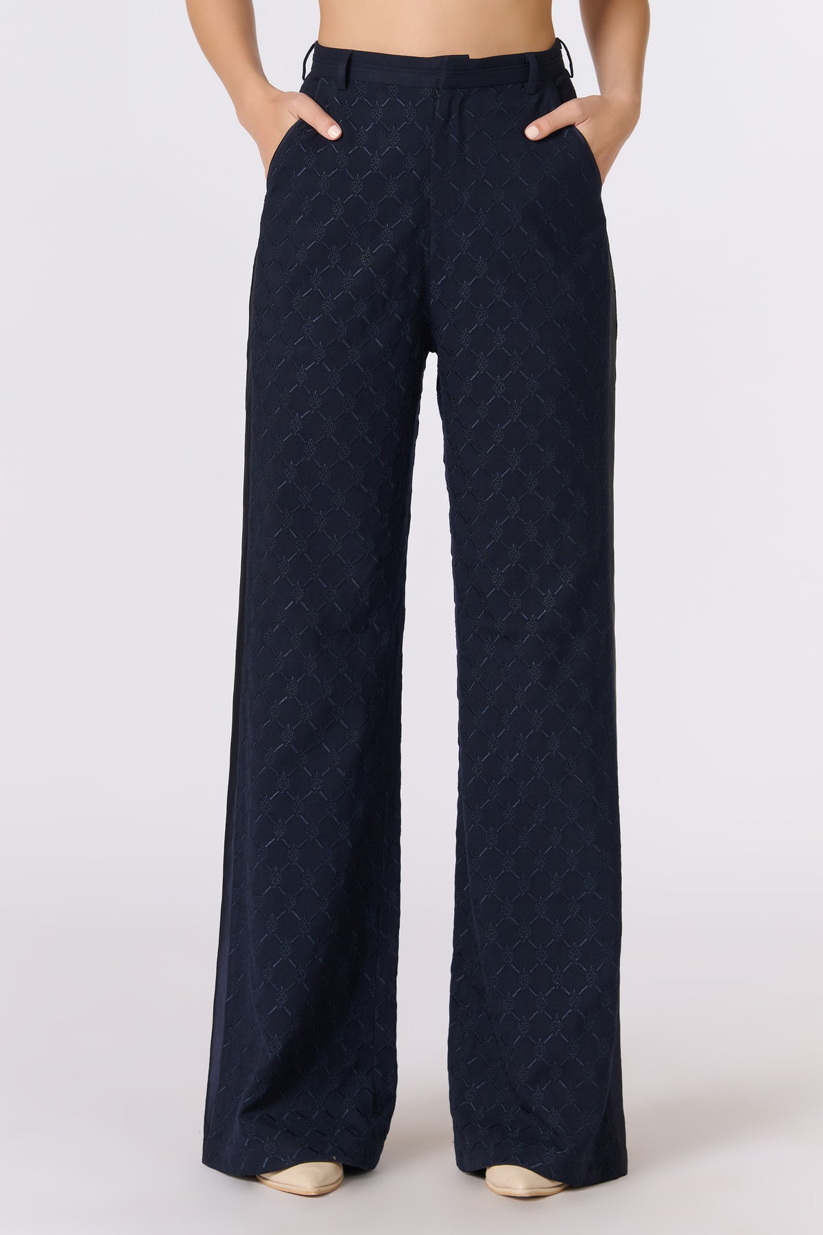 Amy Jackson in SNCC Navy Adamas Embroidered Trousers
