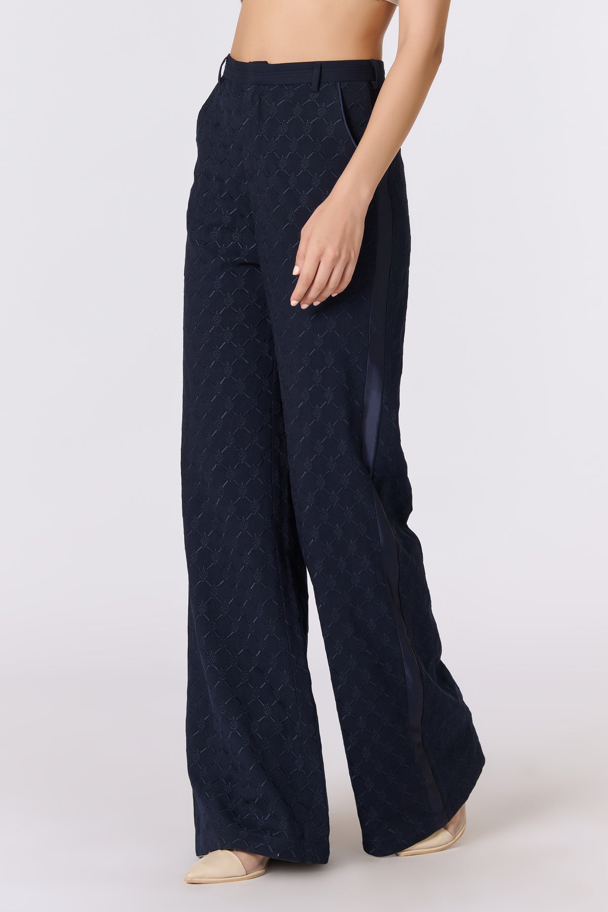 Amy Jackson in SNCC Navy Adamas Embroidered Trousers