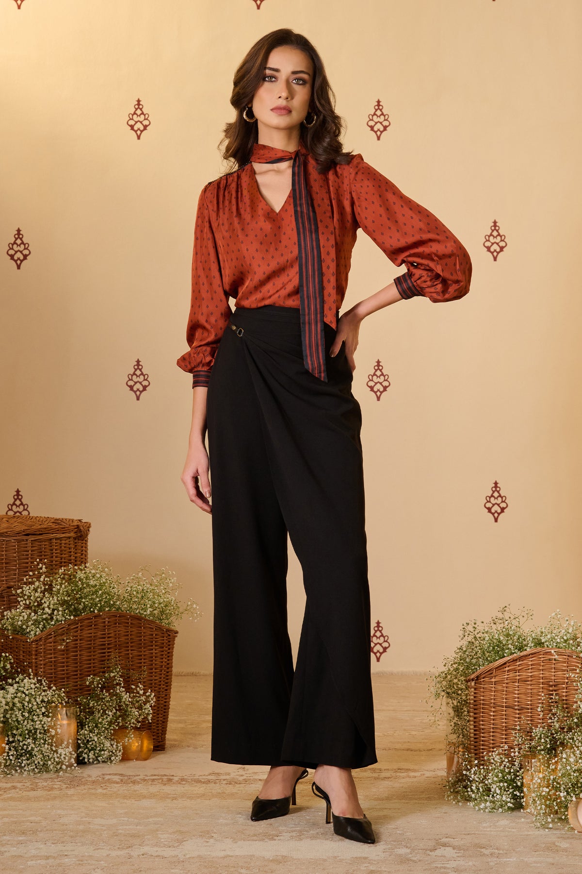 Black Wrap Flared Trousers