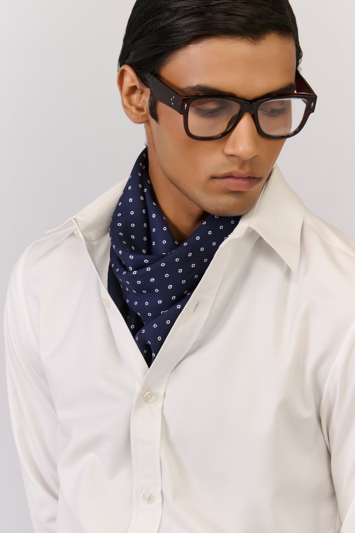 Navy Printed Silk Twill Scarf