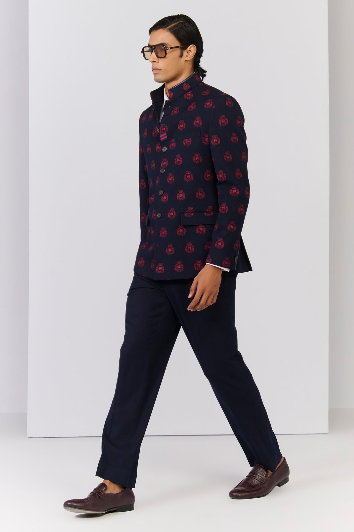 Navy crested embroidered Bandhgala