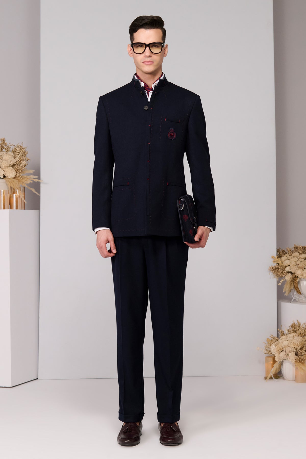 Navy Bandhgala with Red Thread Work