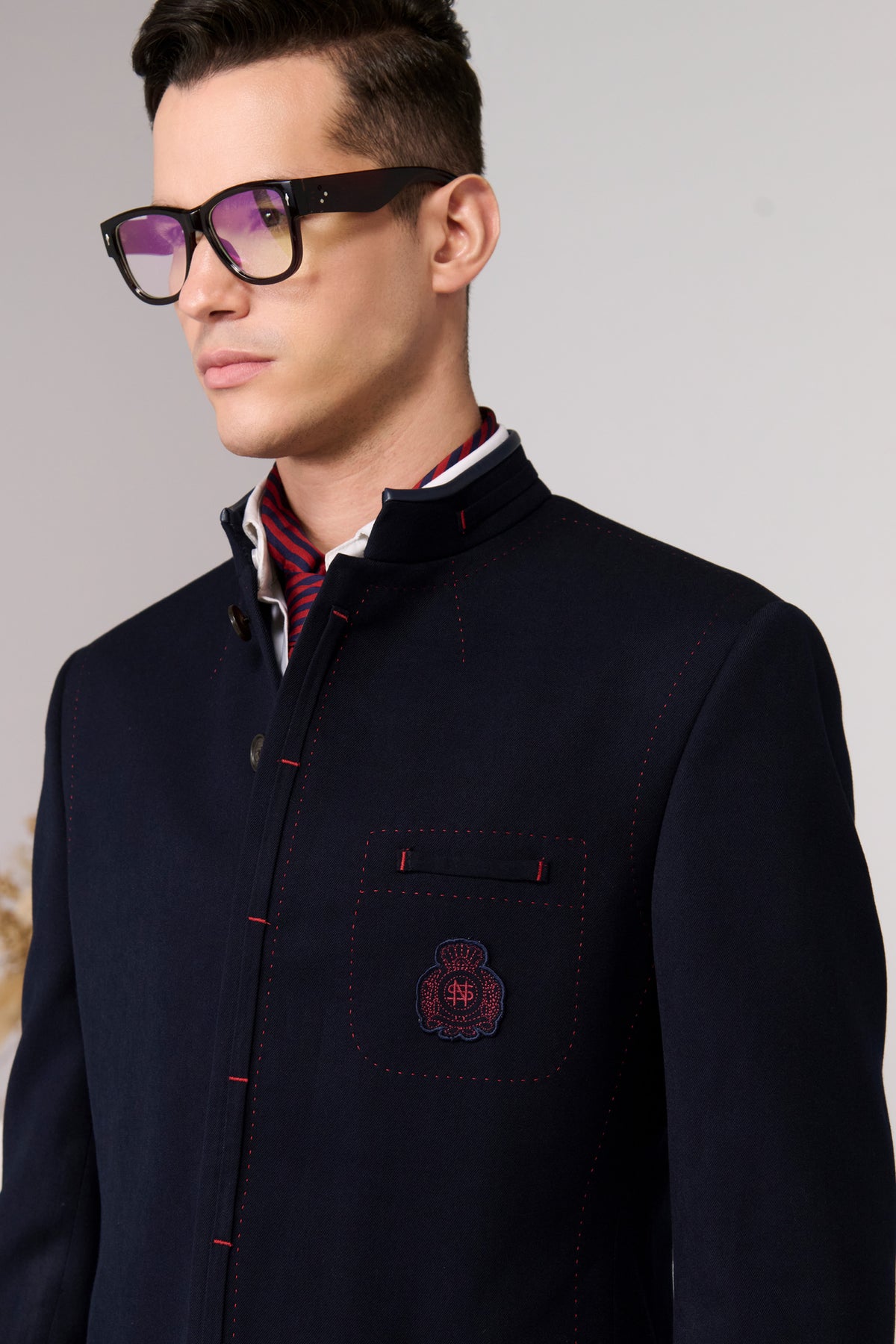 Navy Bandhgala with Red Thread Work