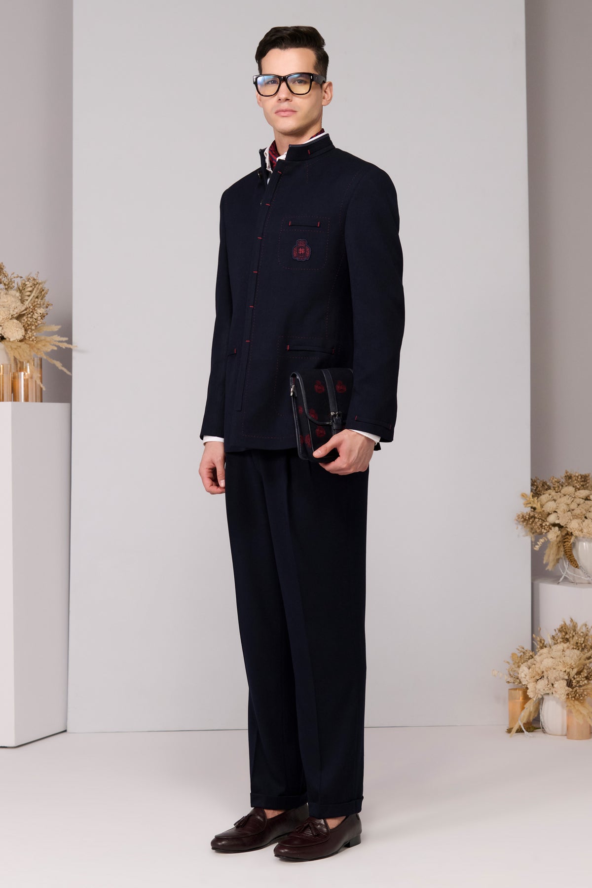 Navy Bandhgala with Red Thread Work
