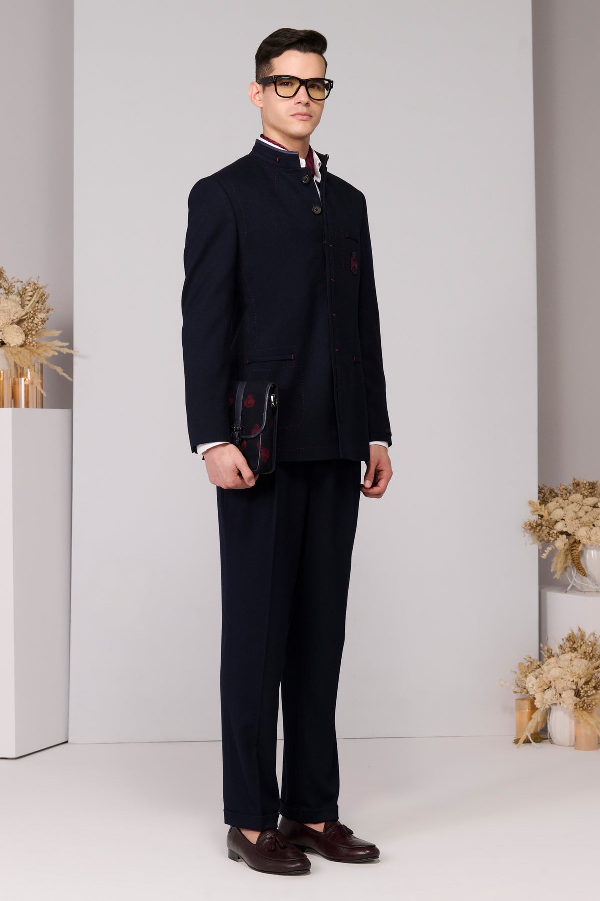 Navy Bandhgala with Red Thread Work