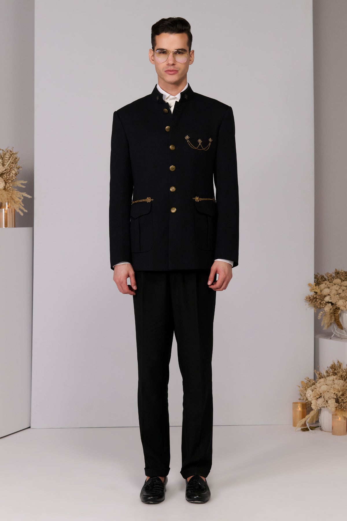 Black Bandhgala with Cord Embroidery