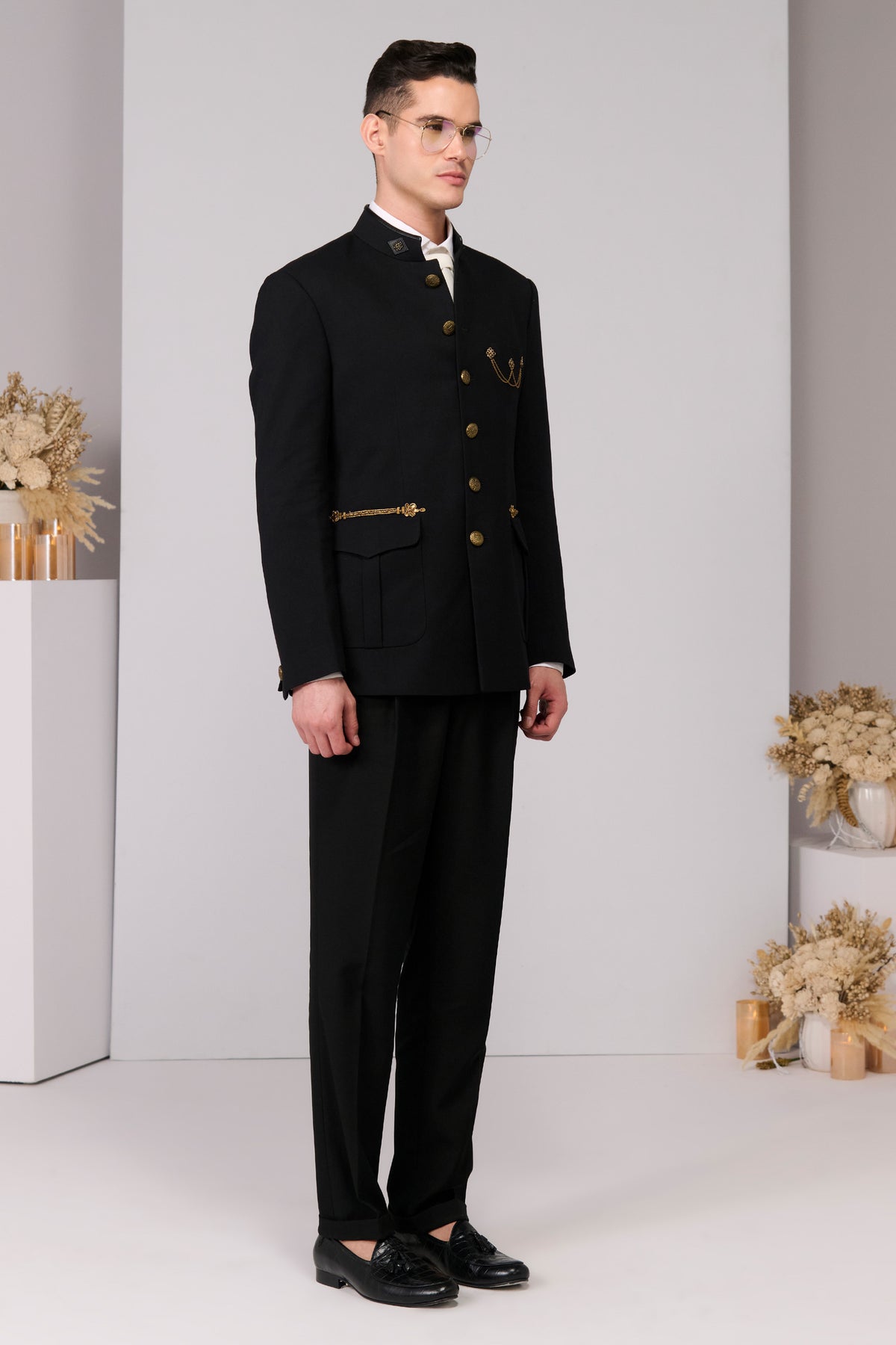 Black Bandhgala with Cord Embroidery
