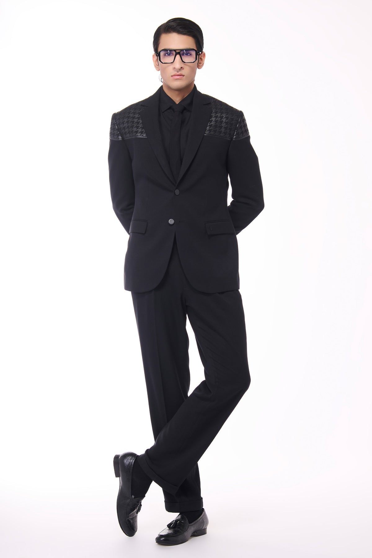 Black Jacket with Houndstooth Faux-Leather Detail