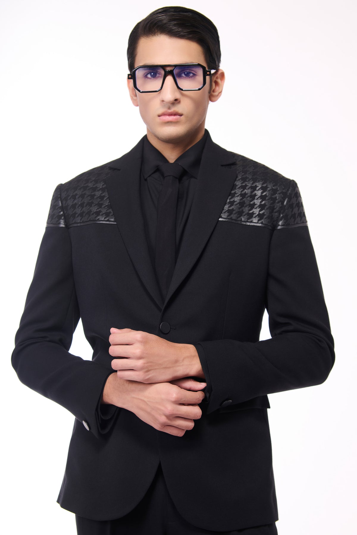 Black Jacket with Houndstooth Faux-Leather Detail