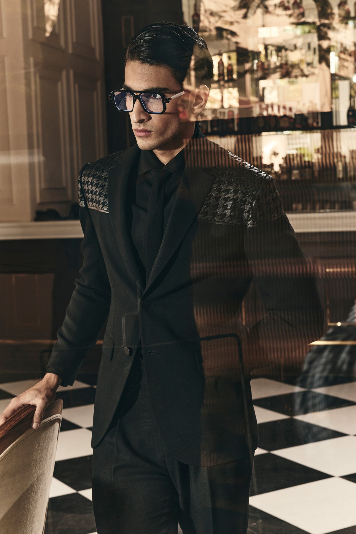 Black Jacket with Houndstooth Faux-Leather Detail