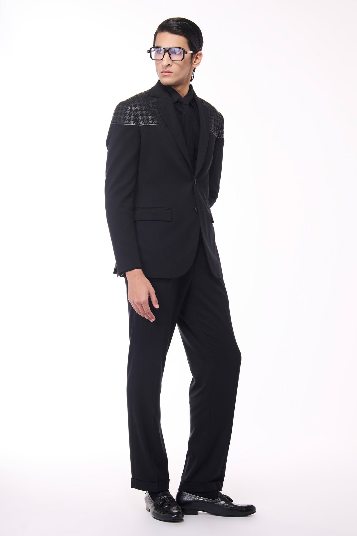 Black Jacket with Houndstooth Faux-Leather Detail