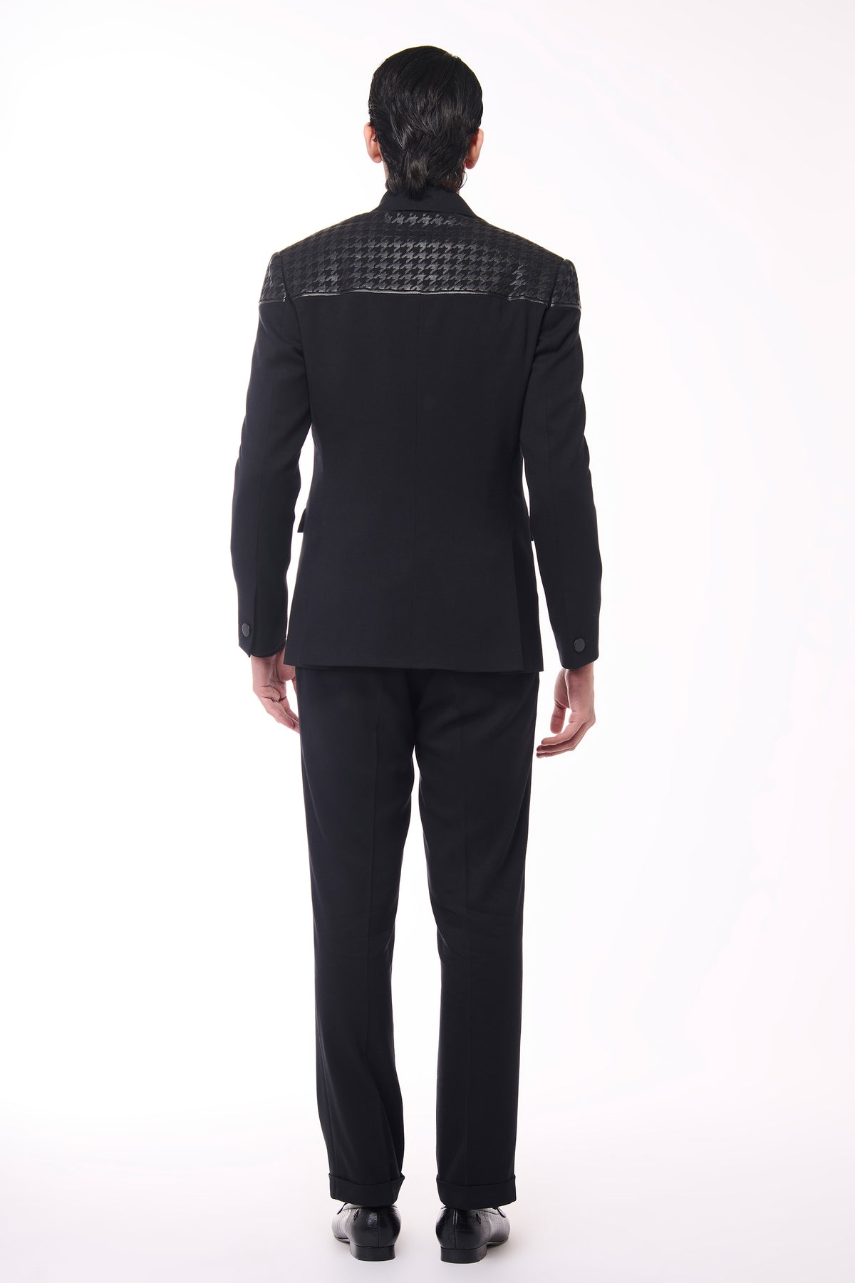 Black Jacket with Houndstooth Faux-Leather Detail