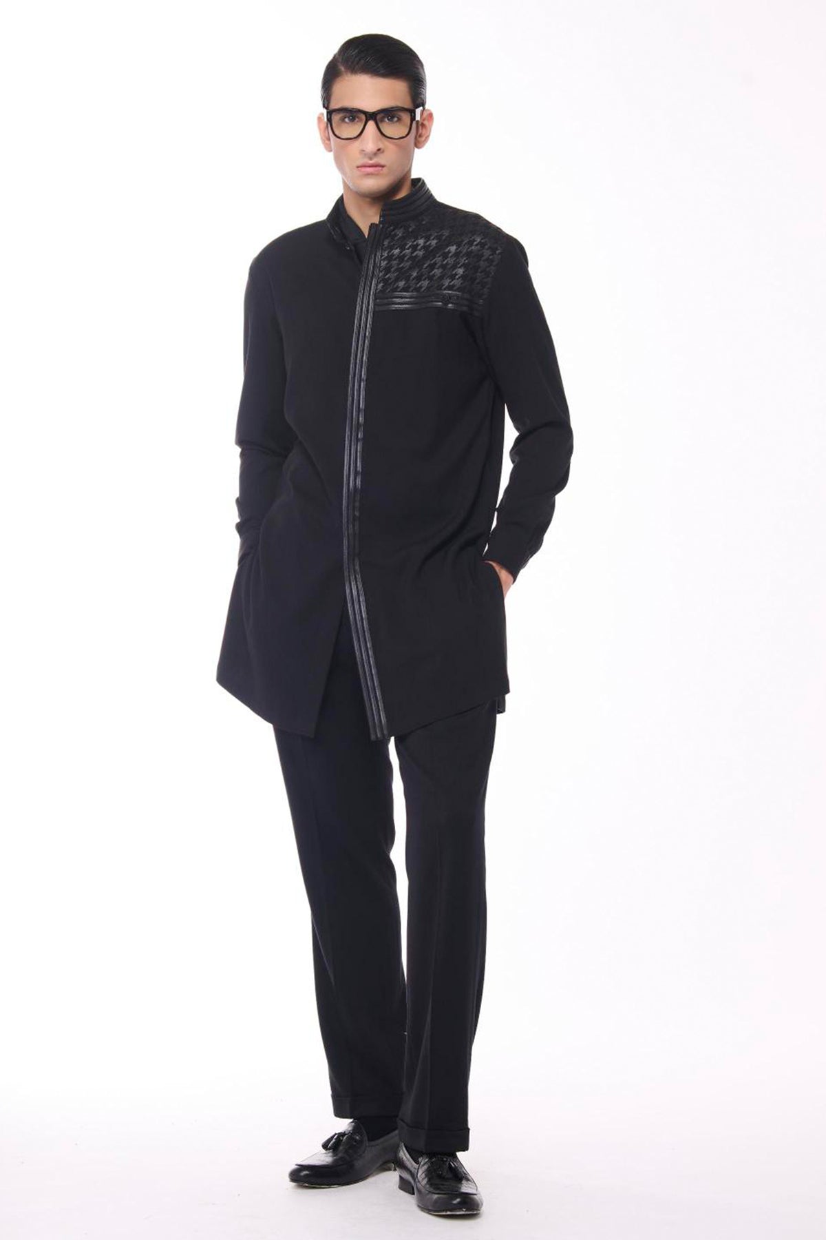 Black Kurta with Houndstooth Faux-Leather Detail
