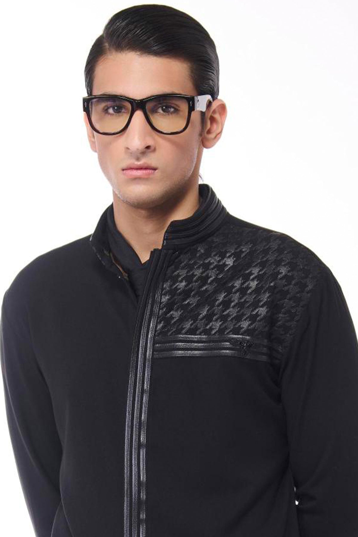Black Kurta with Houndstooth Faux-Leather Detail