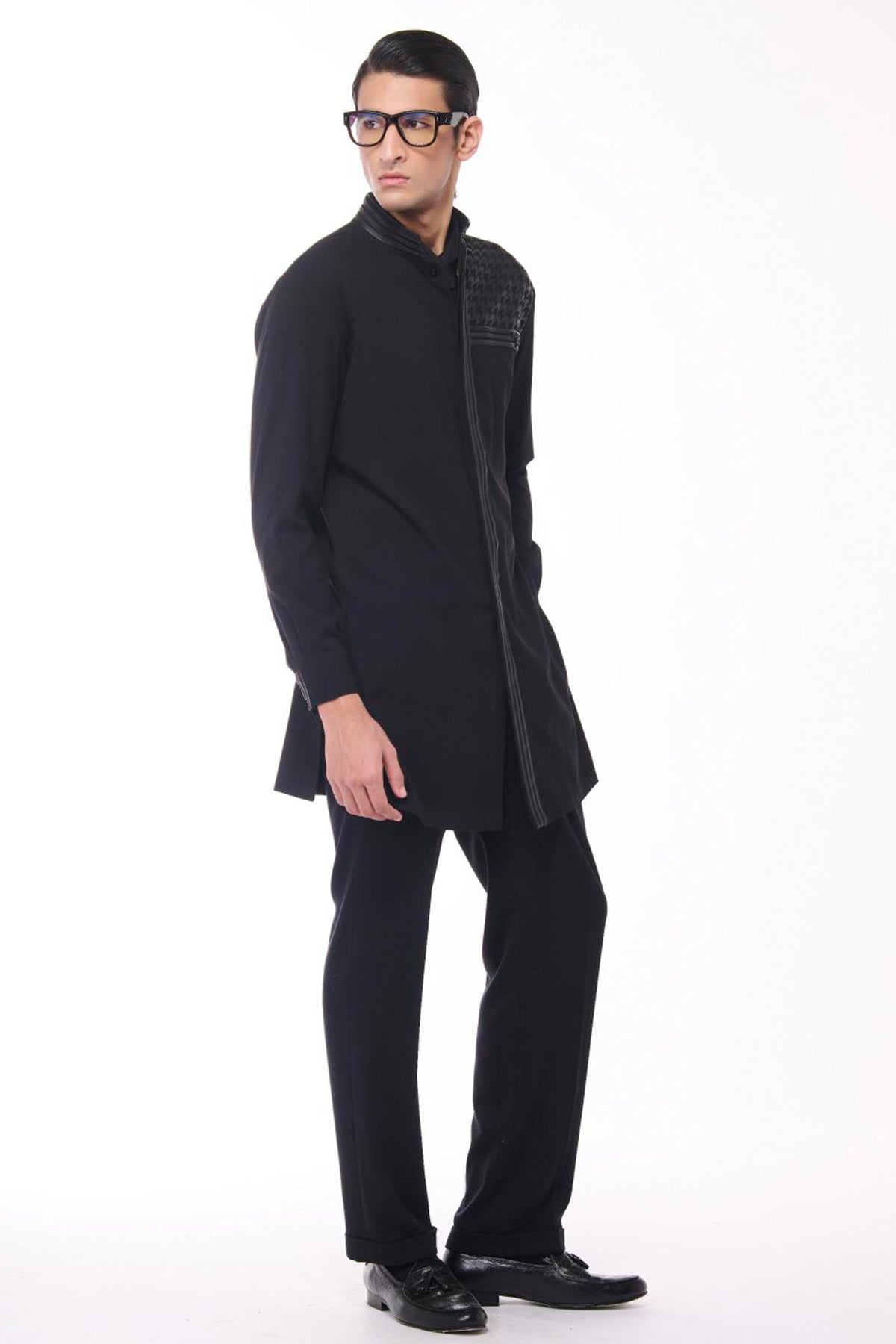 Black Kurta with Houndstooth Faux-Leather Detail