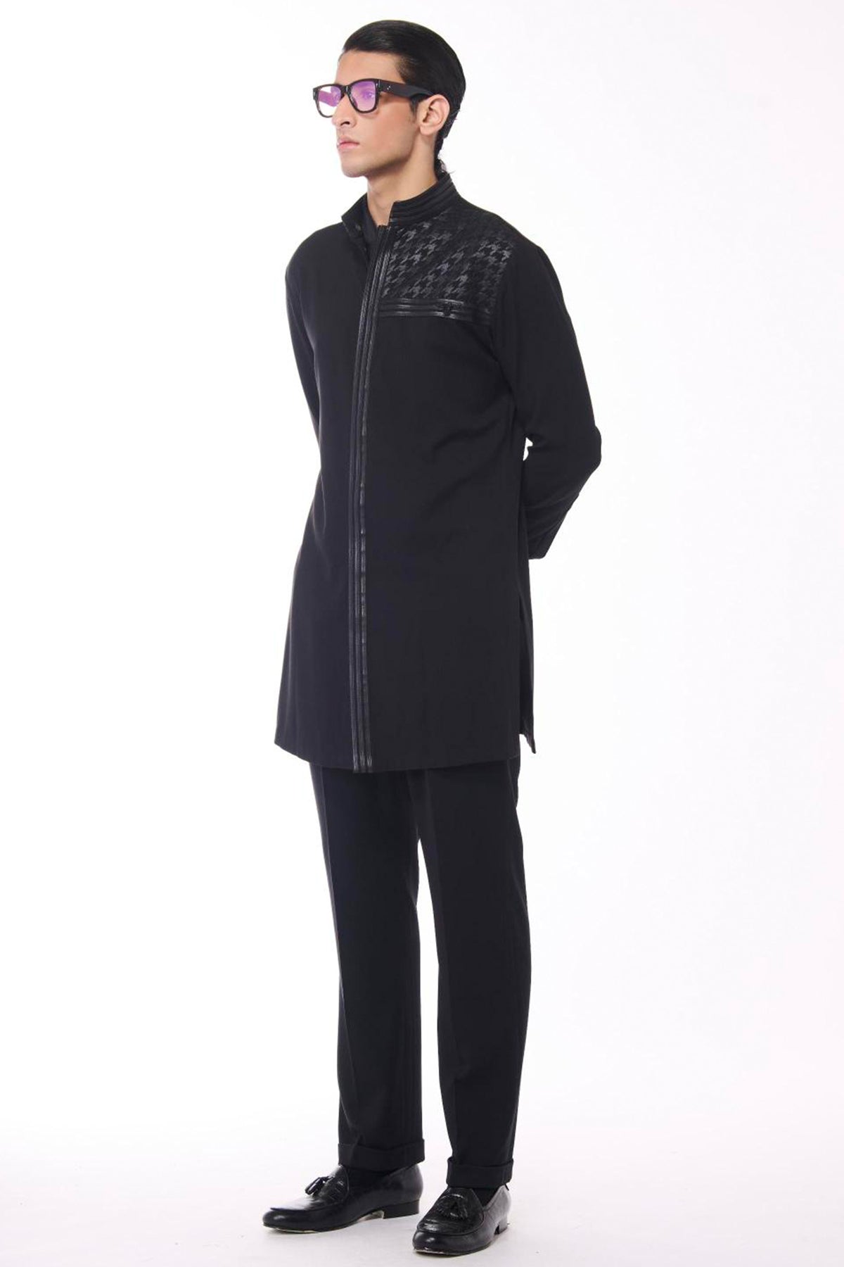 Black Kurta with Houndstooth Faux-Leather Detail