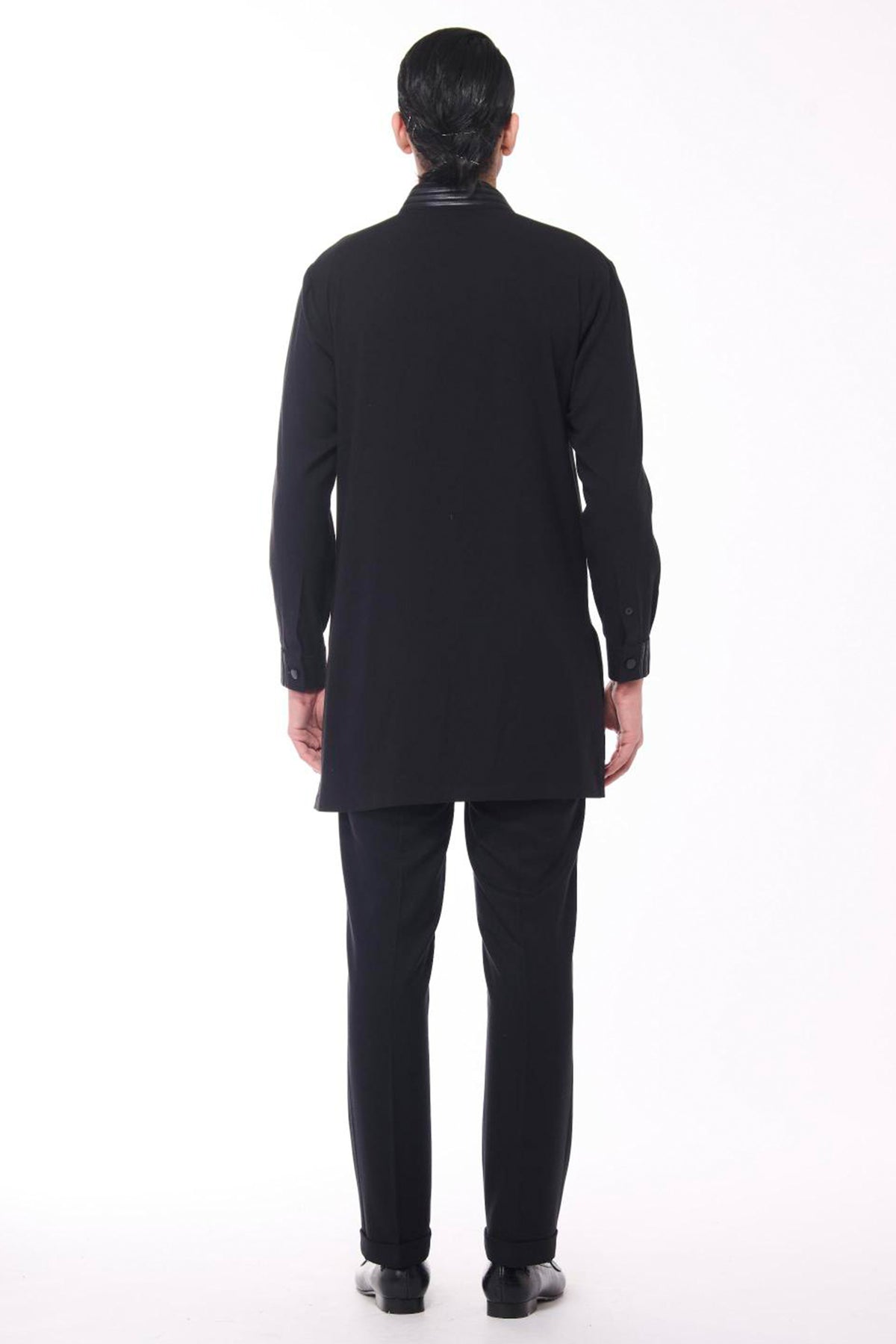 Black Kurta with Houndstooth Faux-Leather Detail
