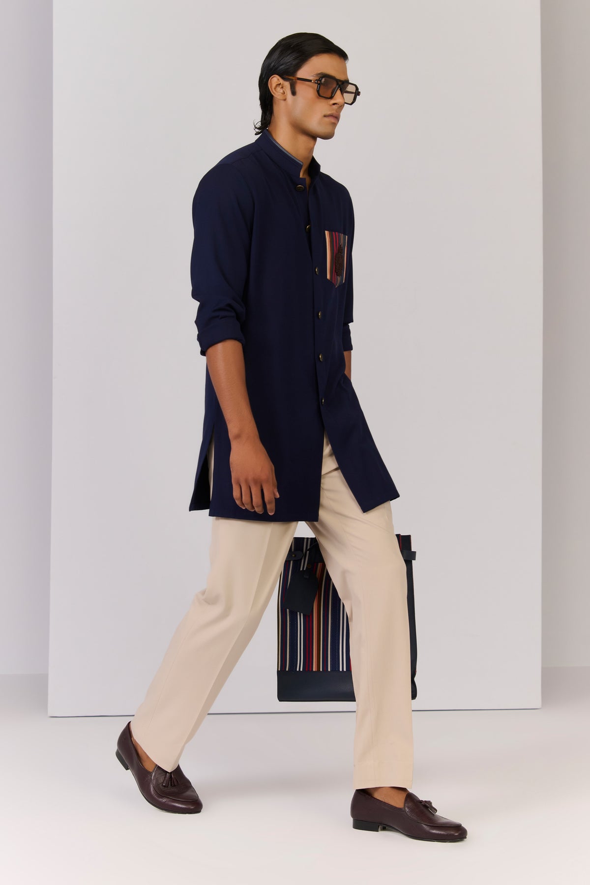 Navy Kurta with Printed Pocket